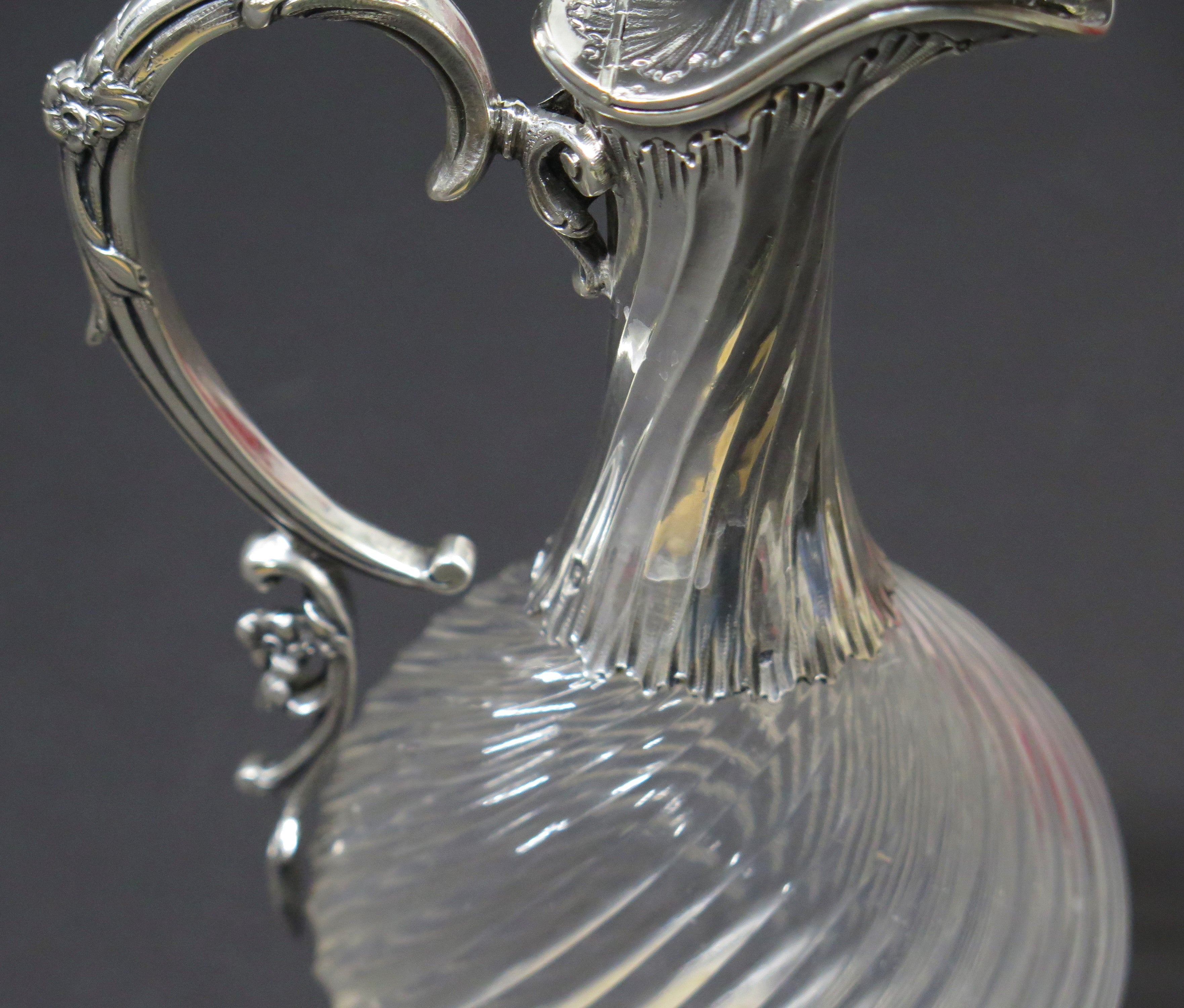 Antique French Sterling Silver Cut Crystal Claret Jug, Ewer