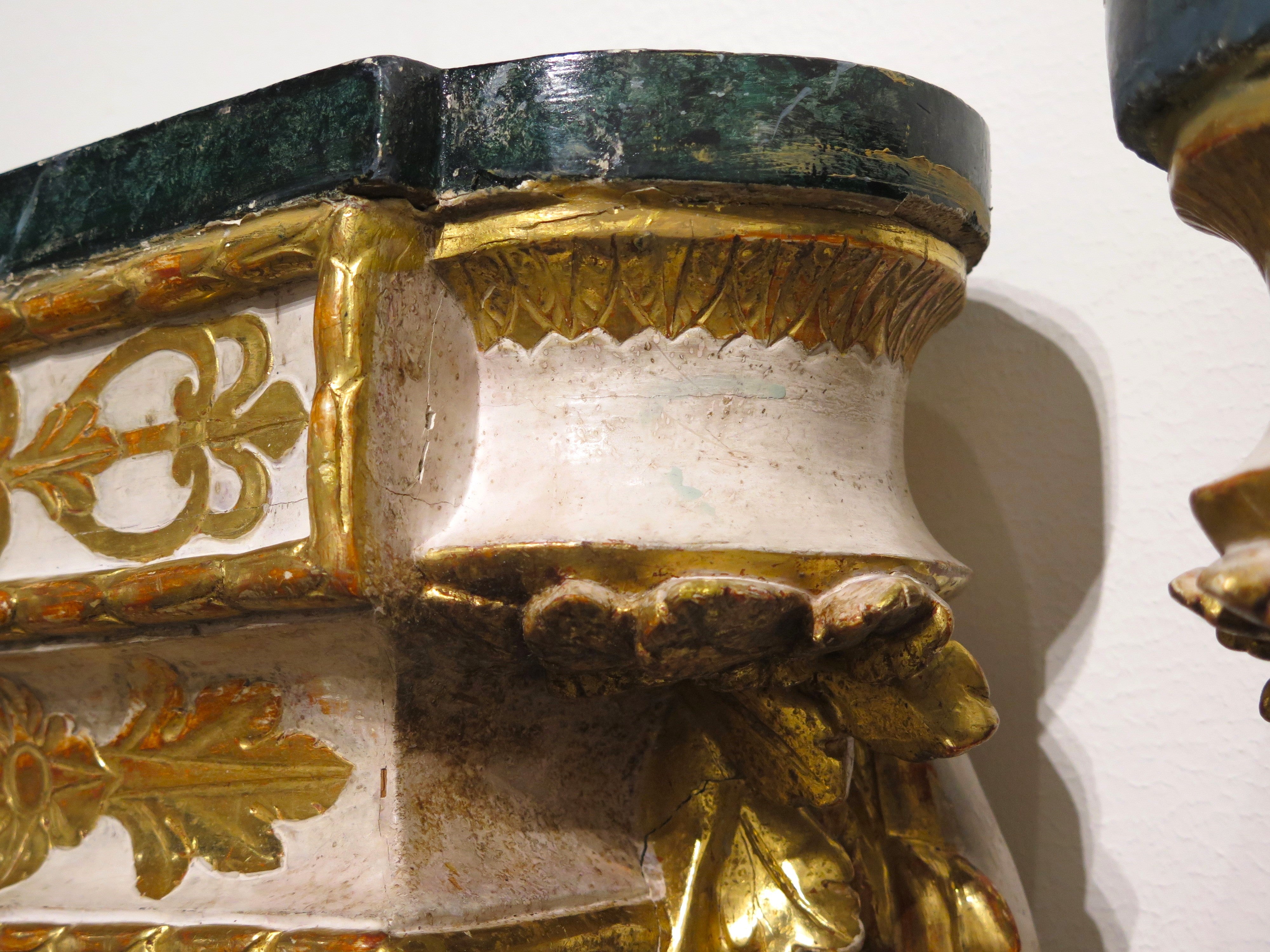 Pair of Carved Painted and Parcel Gilt Wall Brackets
