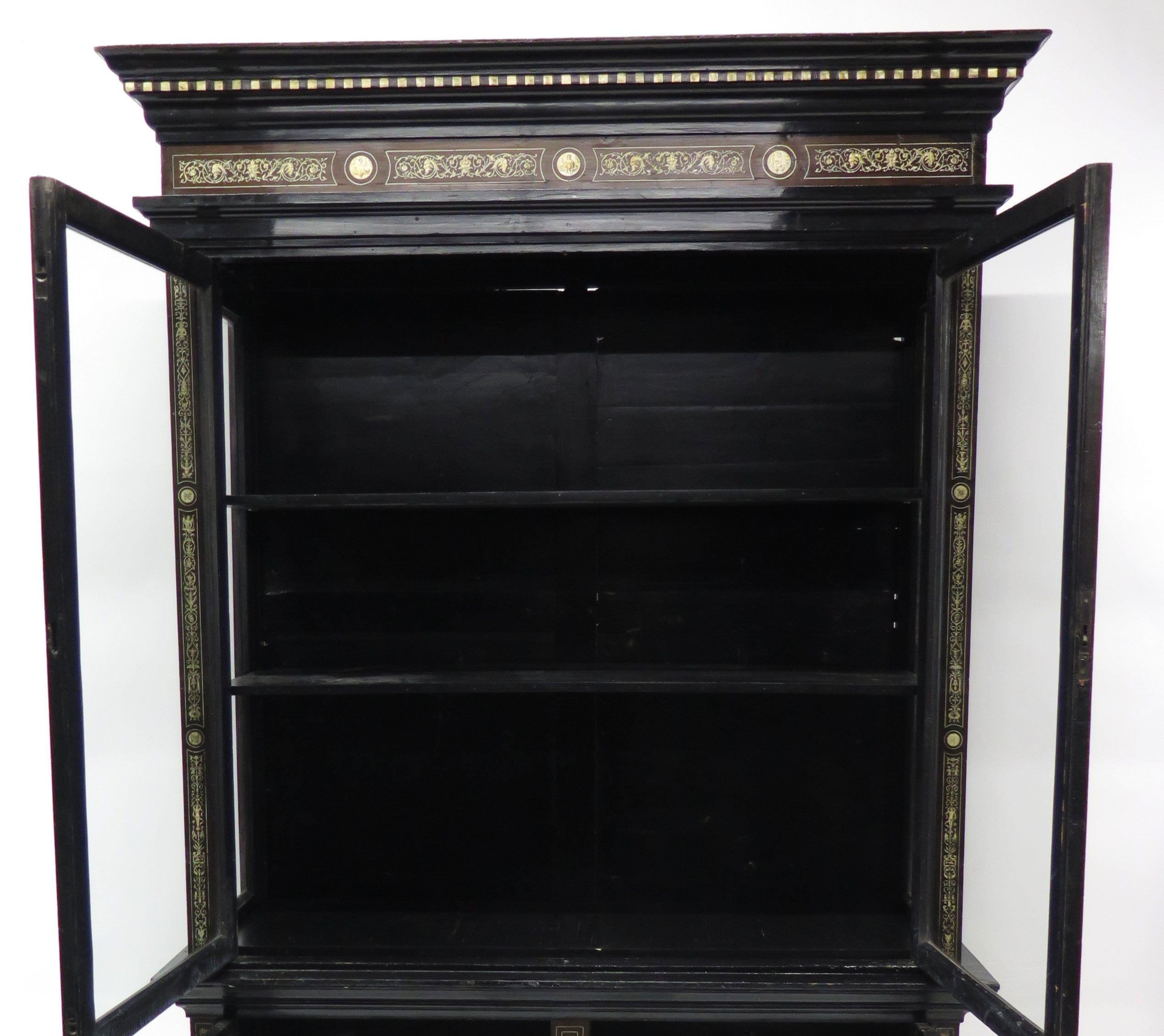 North Italian Ebonized Marquetry Inlaid Vitrine Cabinet Illuminated