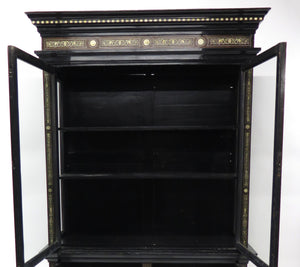 North Italian Ebonized Marquetry Inlaid Vitrine Cabinet Illuminated