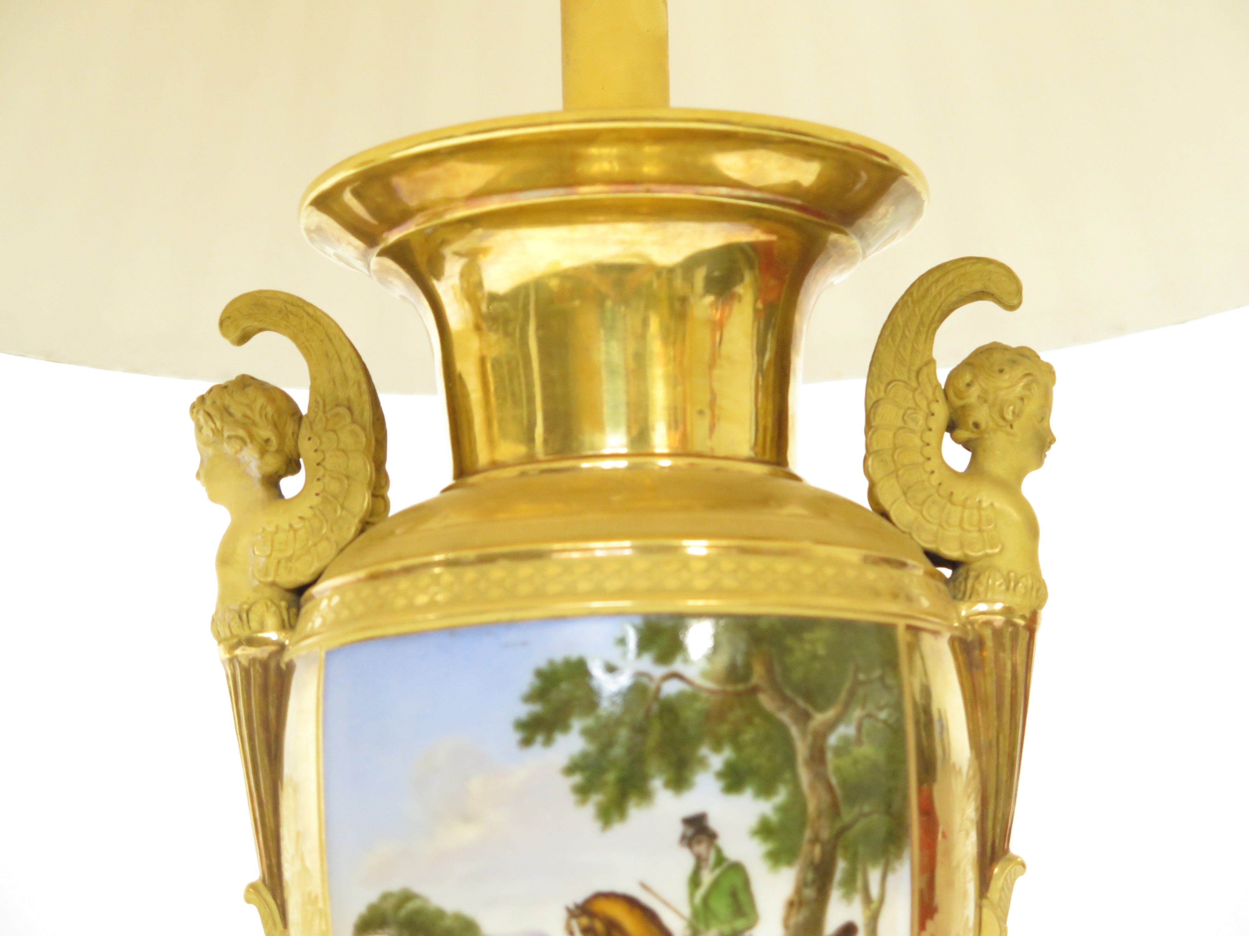 Pair of Gilt Bronze and "Old Paris" Porcelain Neoclassical Table Lamps