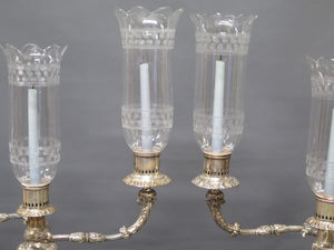 Sheffield Silver Candelabra with Etched Hurricane Shades