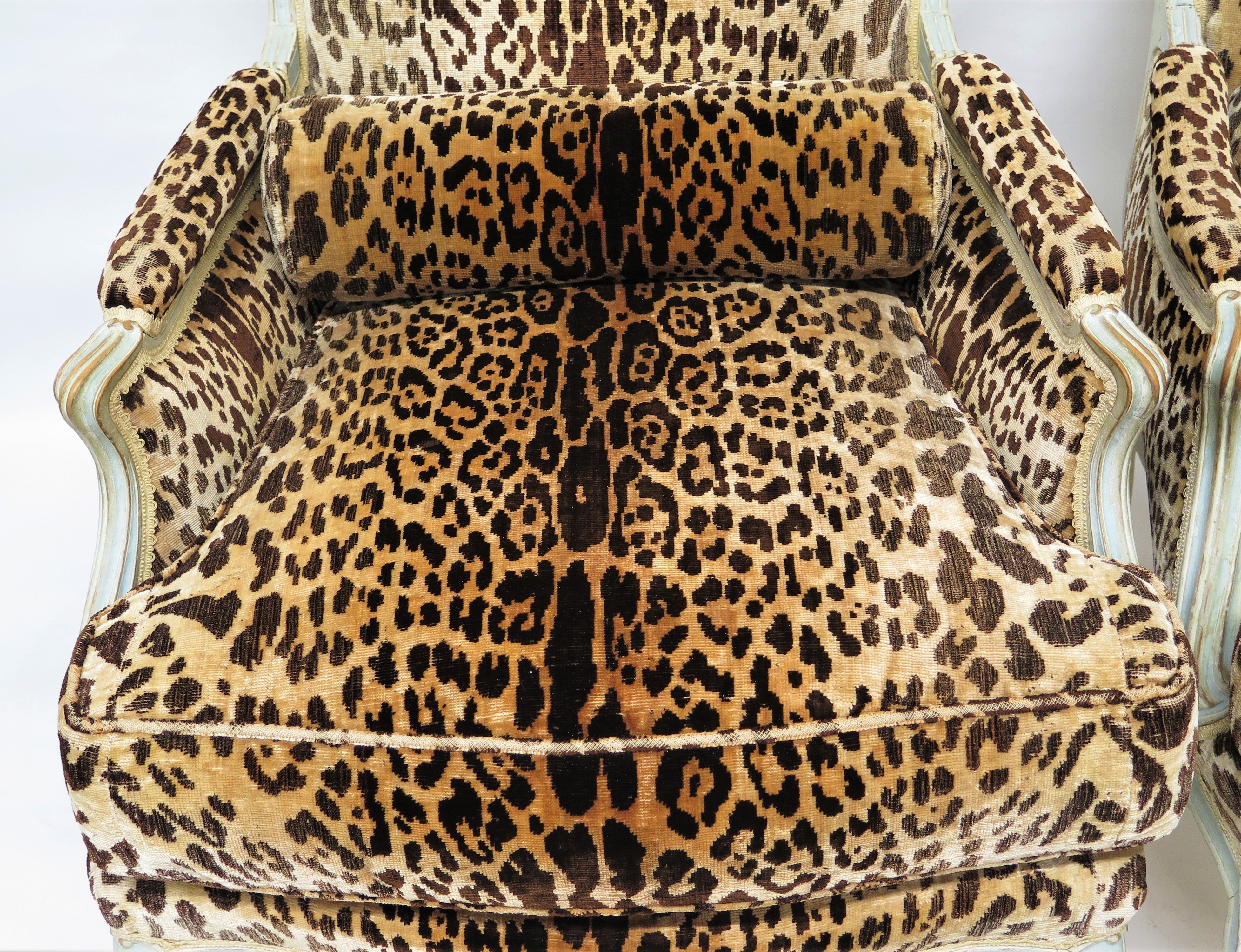 Pair of Large Louis XV-Style Bergères in Vintage Leopard Silk Velvet