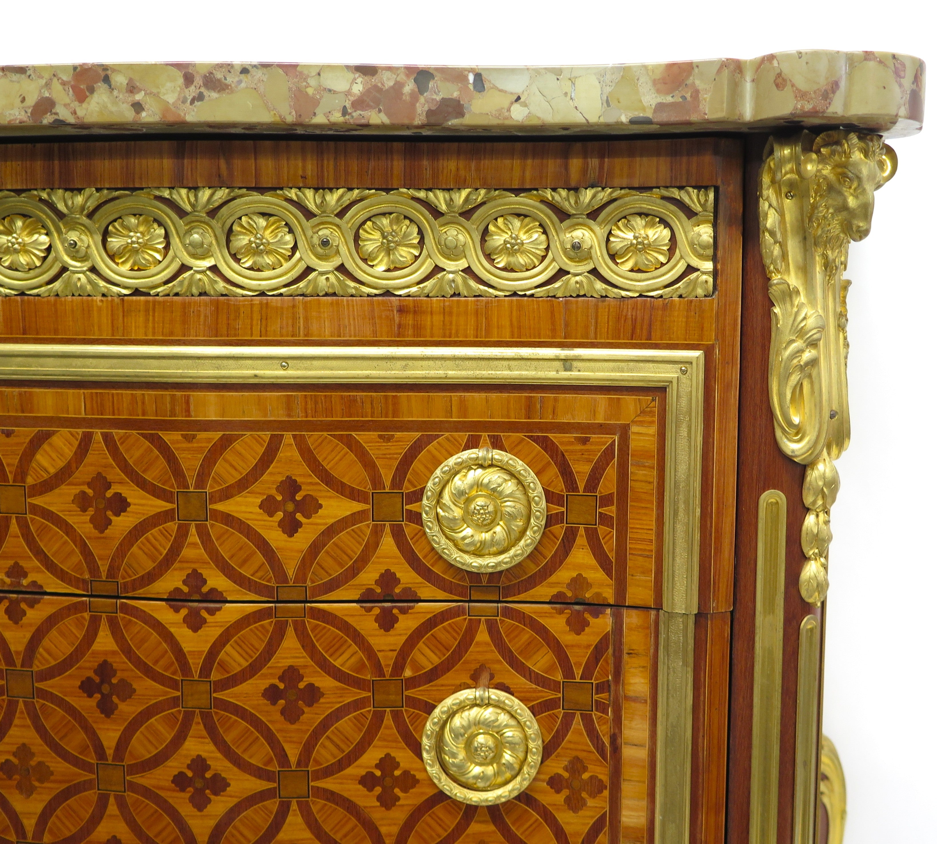 Transitional-Style Ormolu Mounted Parquetry Commode in the Manner of R ...