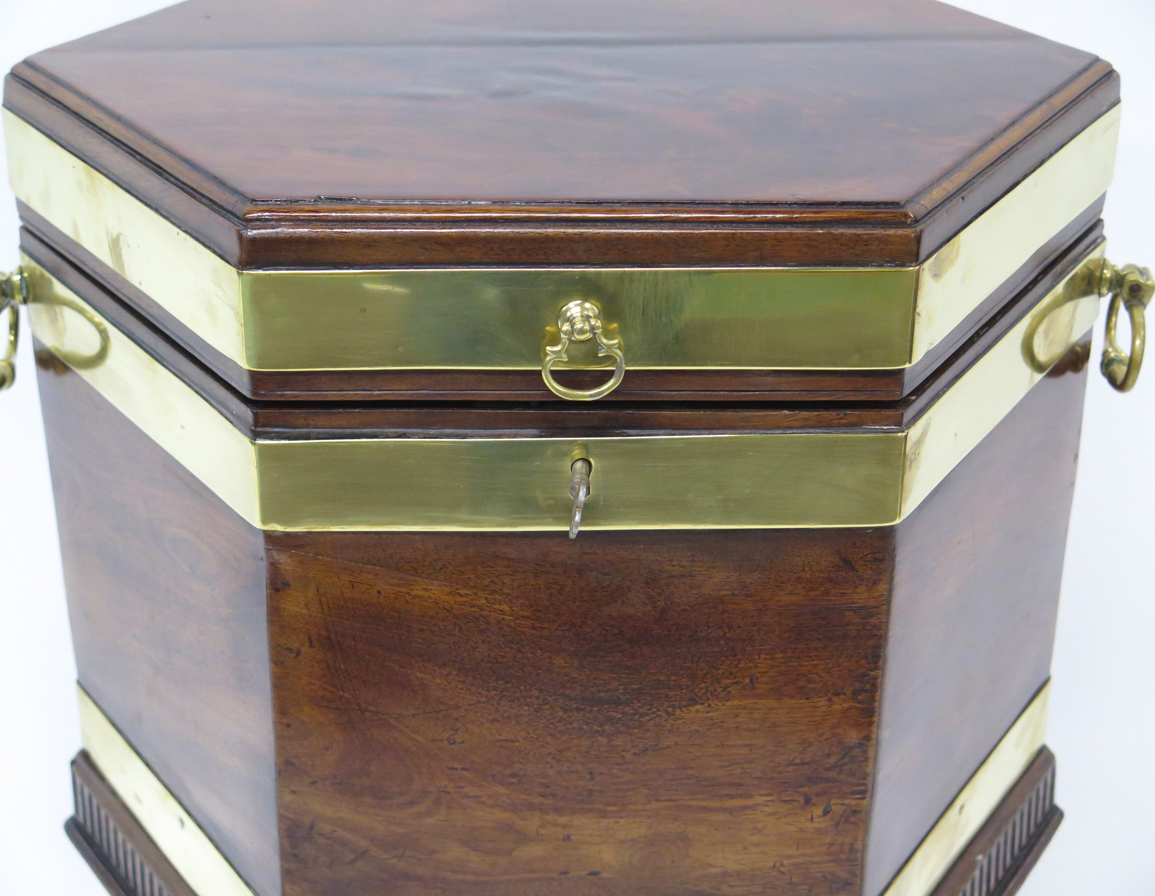 Georgian Mahogany Hexagonal Cellarette with Wide Brass Bands