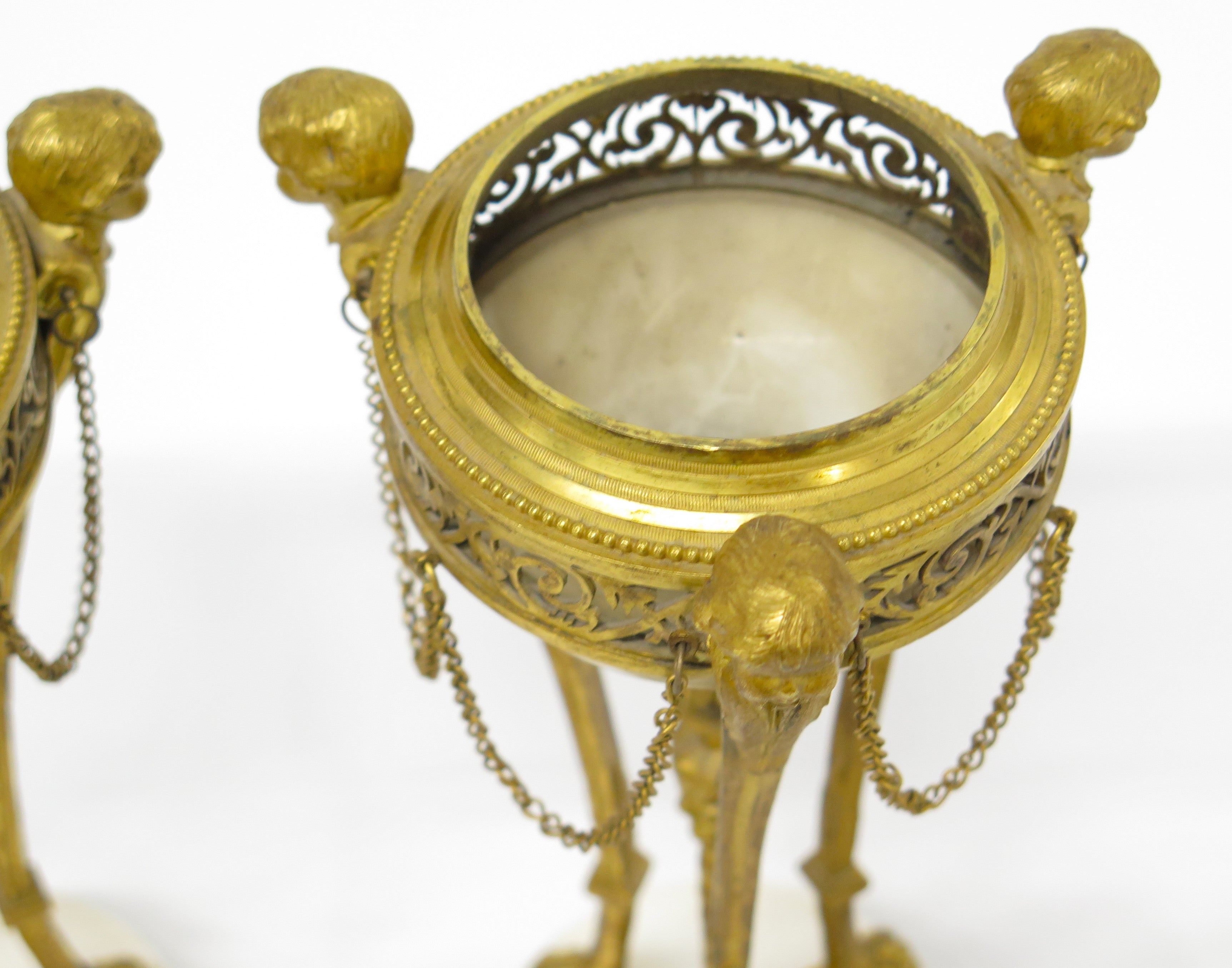 A Pair of Louis XVI Ormolu and White Marble Cassolettes