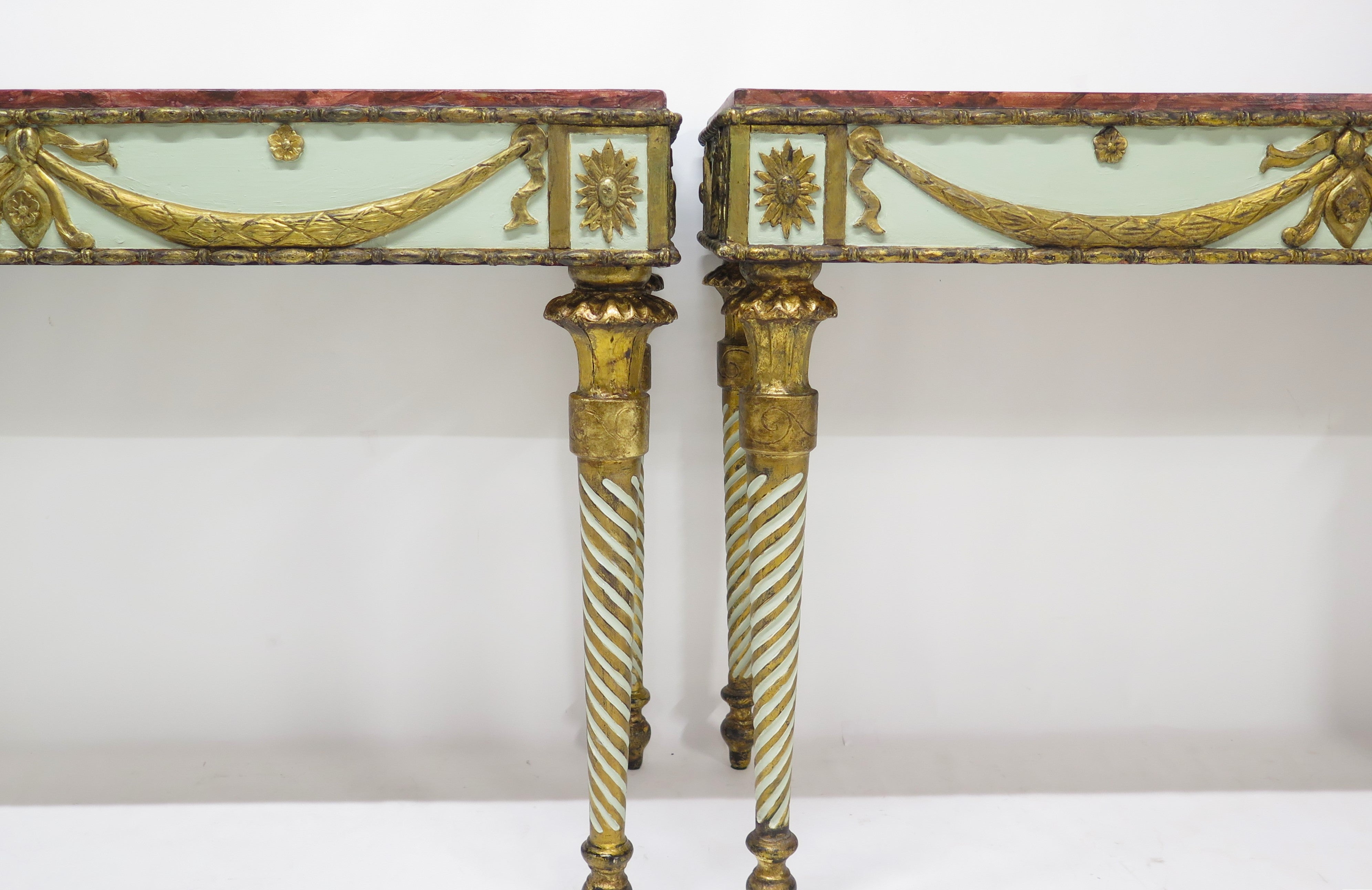 Neoclassic Style Painted Console Tables with Faux Marble Tops