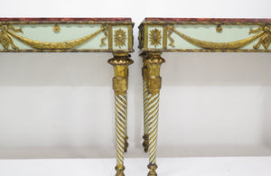 Neoclassic Style Painted Console Tables with Faux Marble Tops