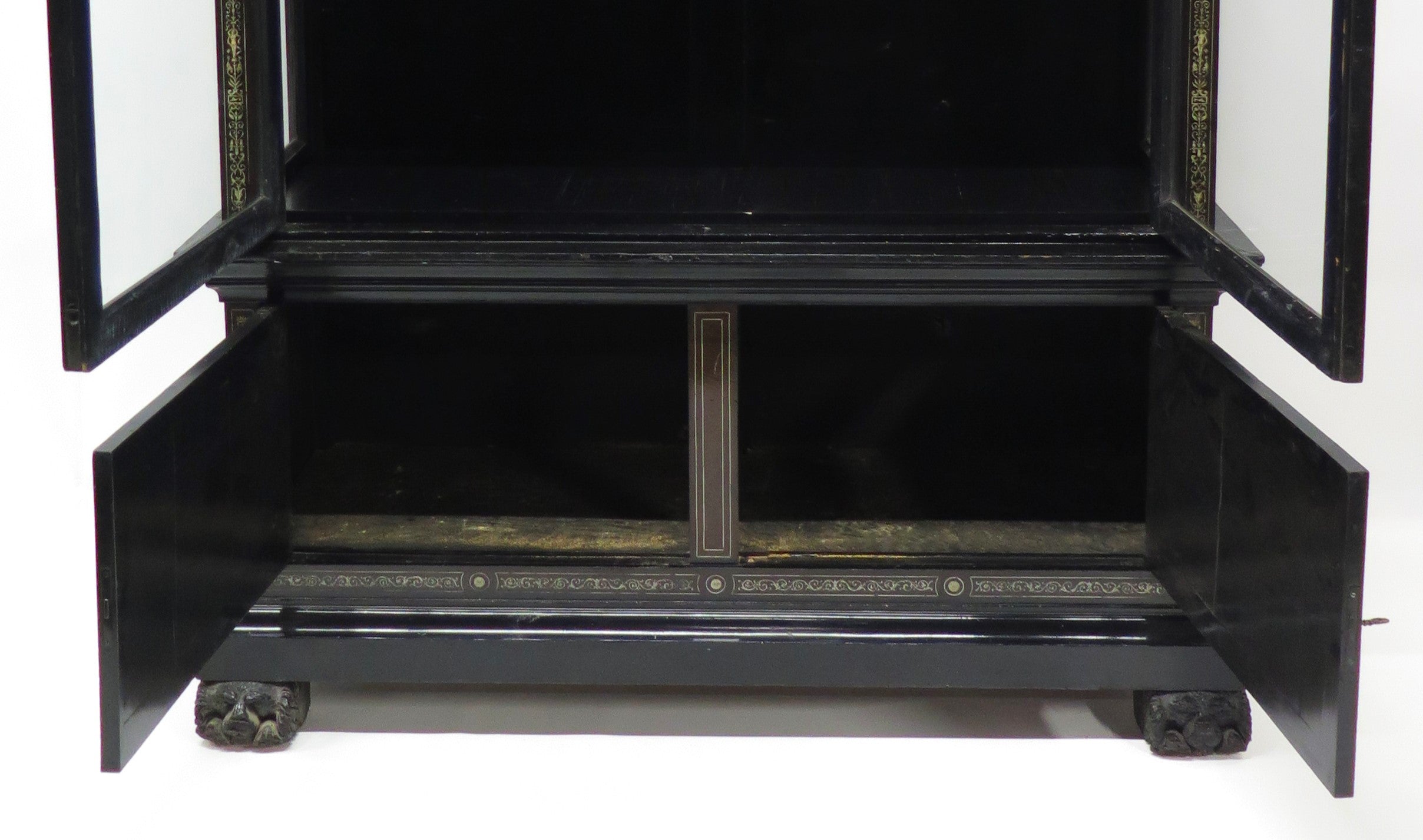 North Italian Ebonized Marquetry Inlaid Vitrine Cabinet Illuminated