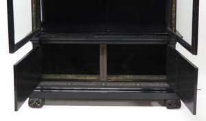 North Italian Ebonized Marquetry Inlaid Vitrine Cabinet Illuminated