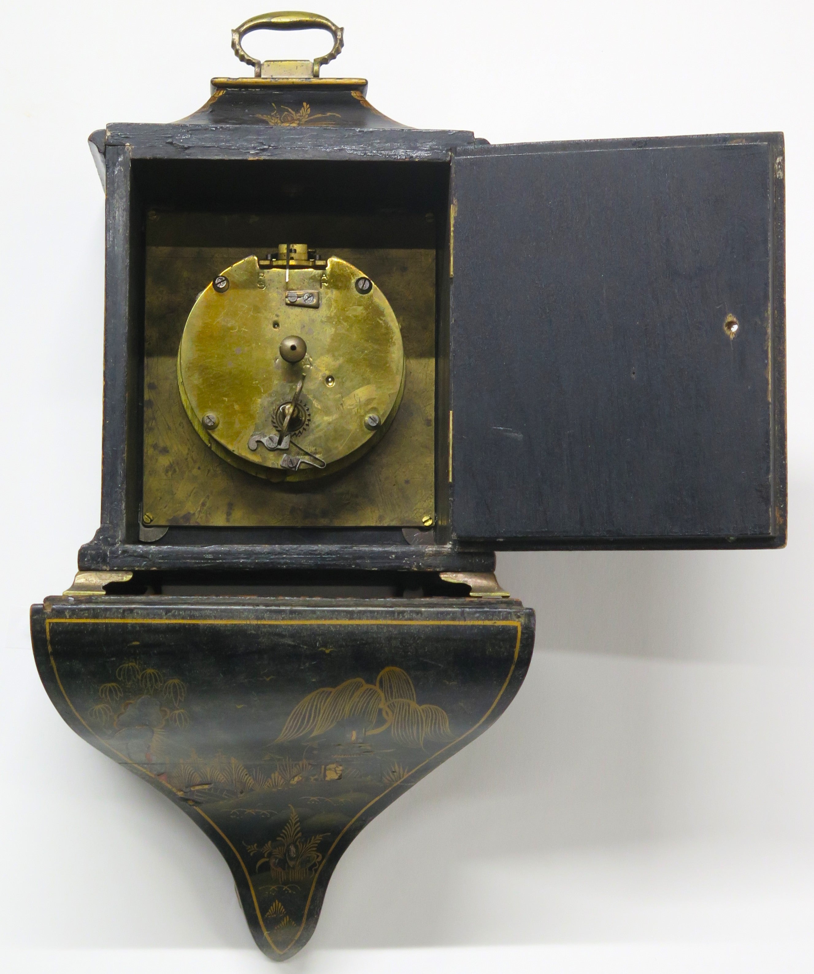A Charming French Black Lacquer Chinoisorie Japanned Bracket Clock