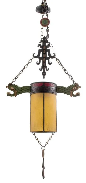 Chinoiserie Art Deco Period Polychromed Wrought Iron Pendant Chandelier Lantern