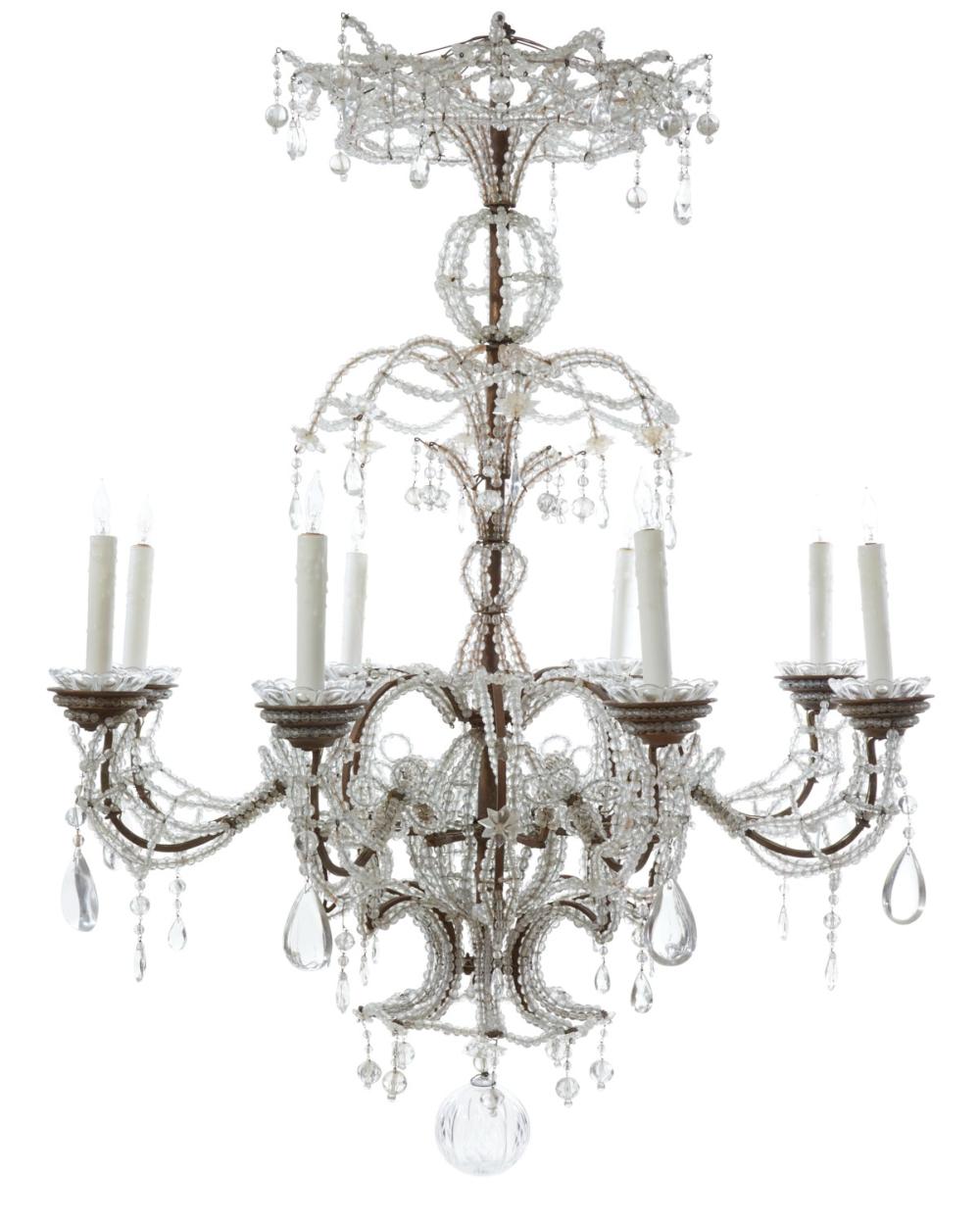 Italian Baroque Style Iron, Cut And Beaded Glass Eight Light Chandelier