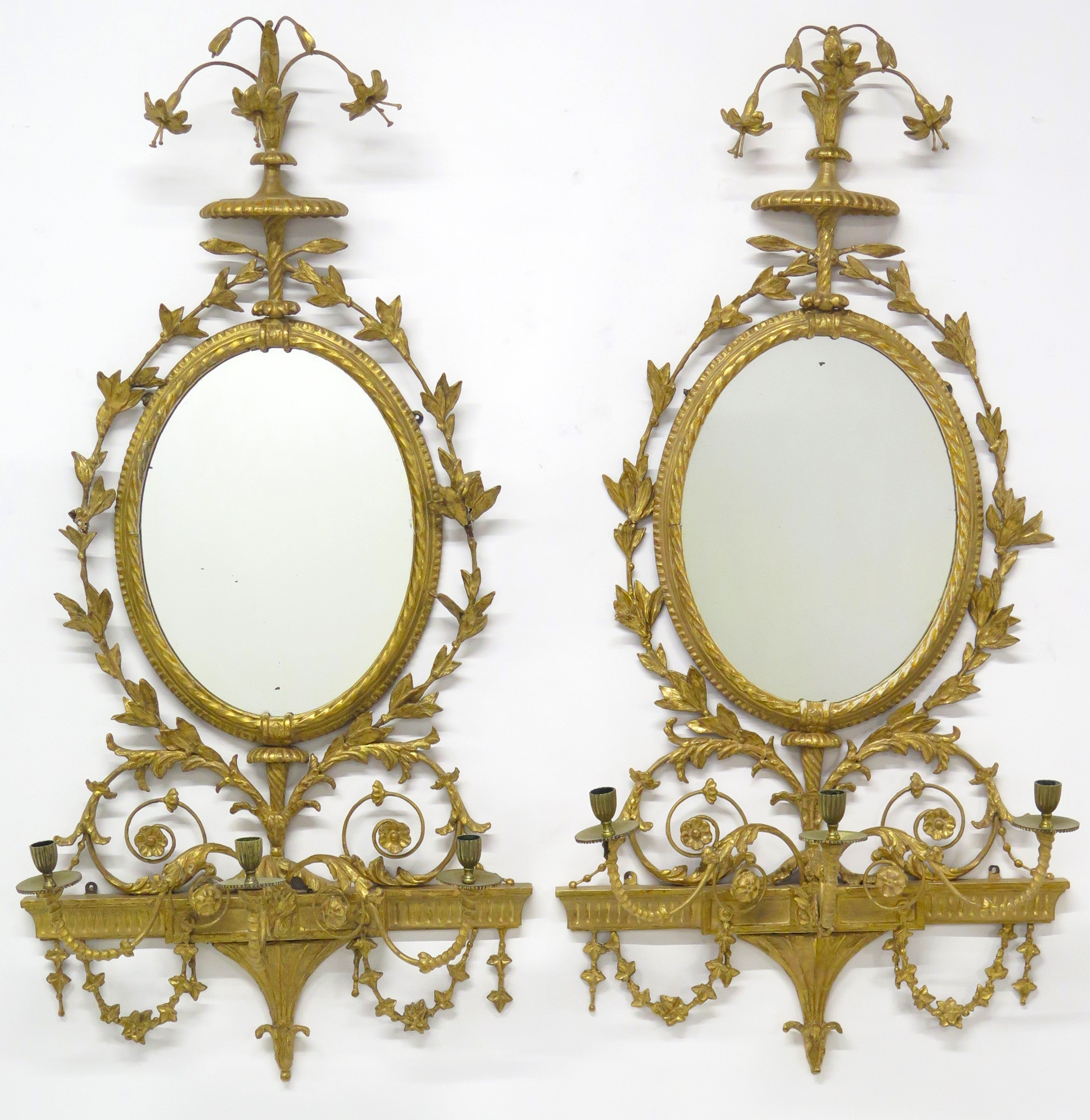 Pair of Georgian Revival Robert Adam-Style 3-Light Girandoles