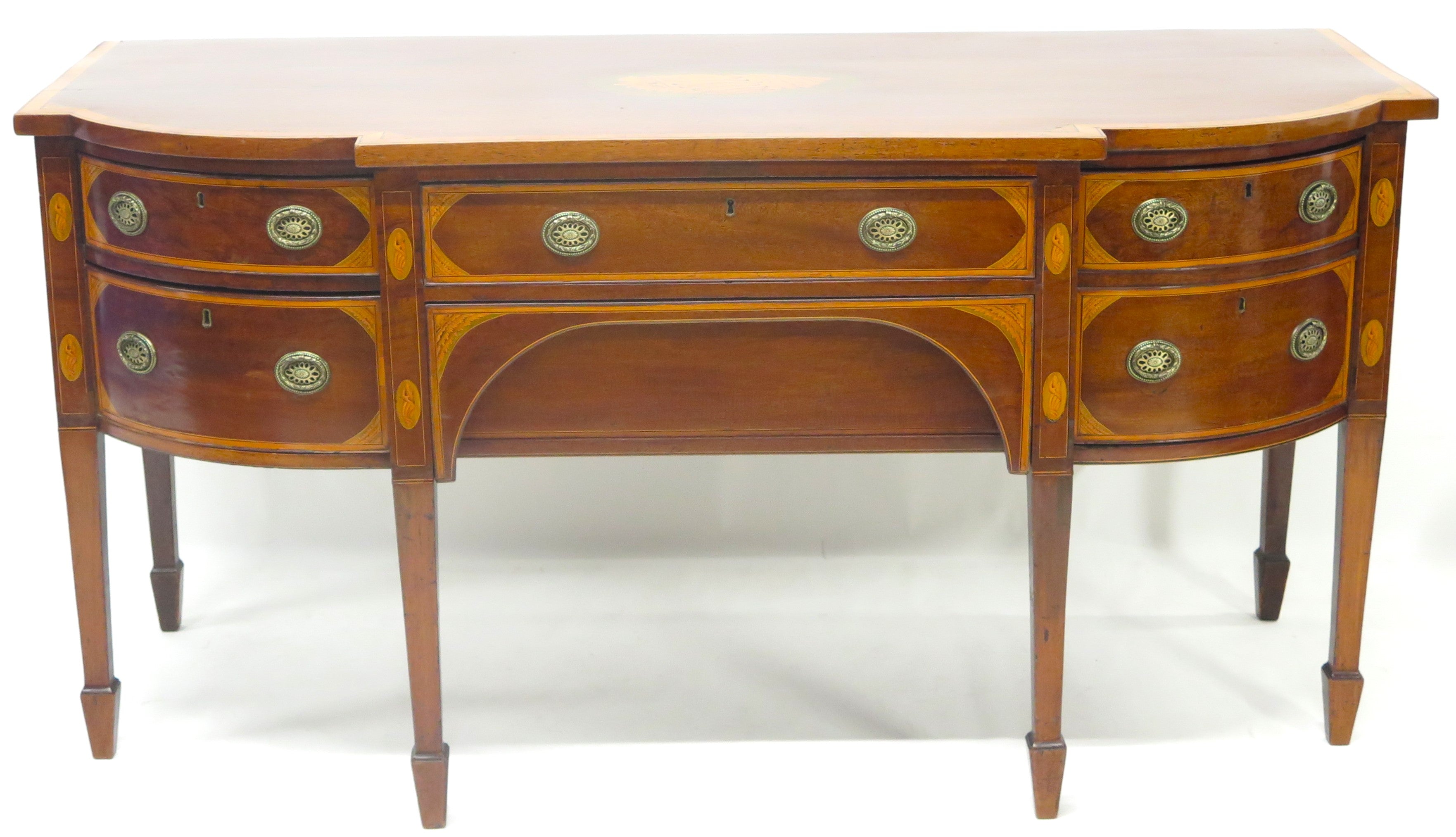 A Very Fine Mahogany, Satinwood and Harewood Stepped Bow Front Sideboard