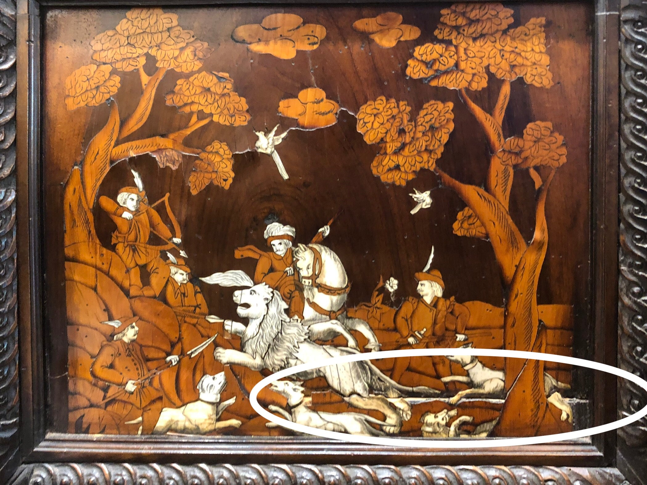 Hunting Renaissance Scene Italian Renaissance-Style Hall Bench with Marquetry Hunting Scenes ...