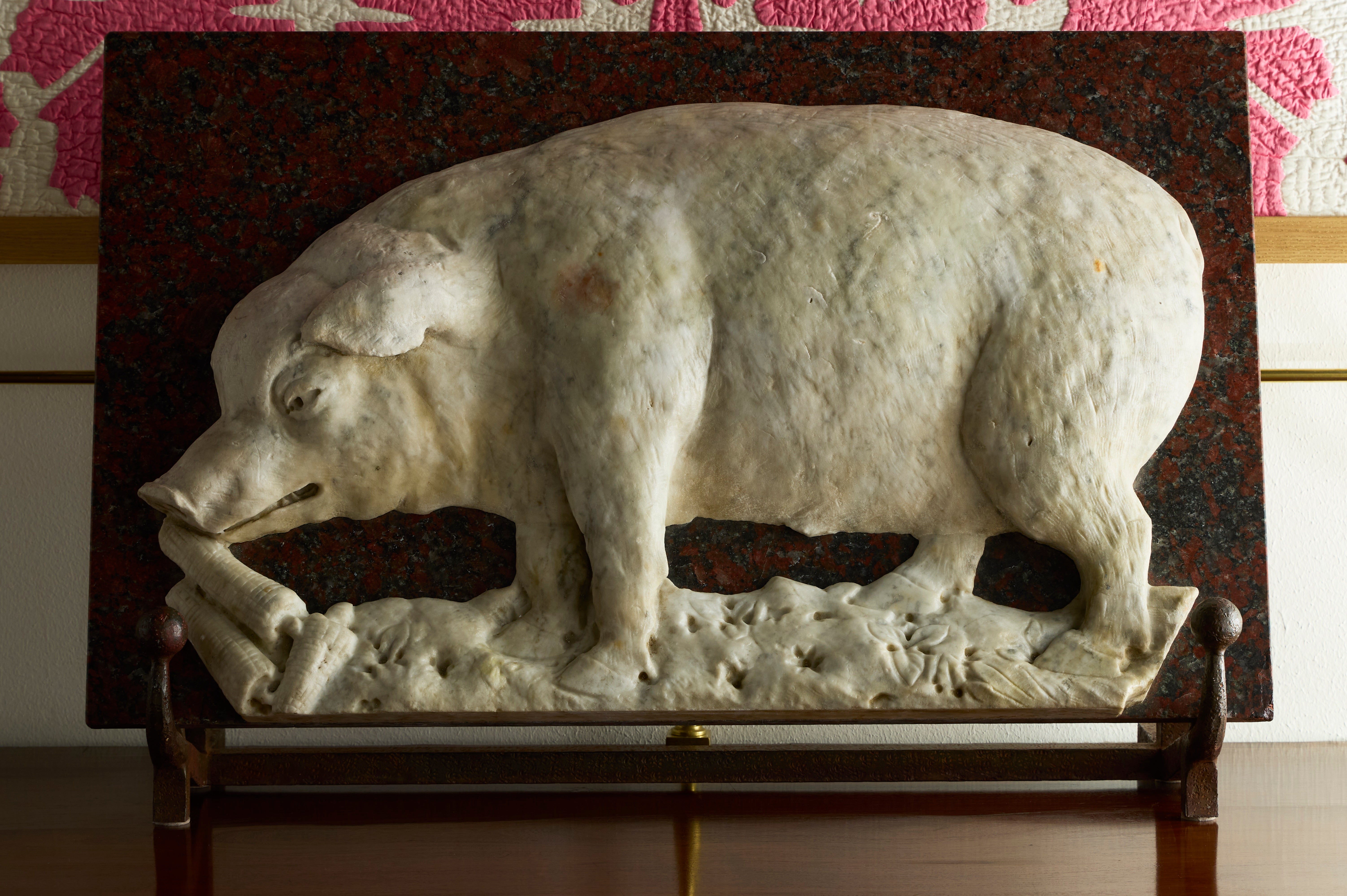18th Century Bas Relief of a Hog, Carrera Marble on Granite