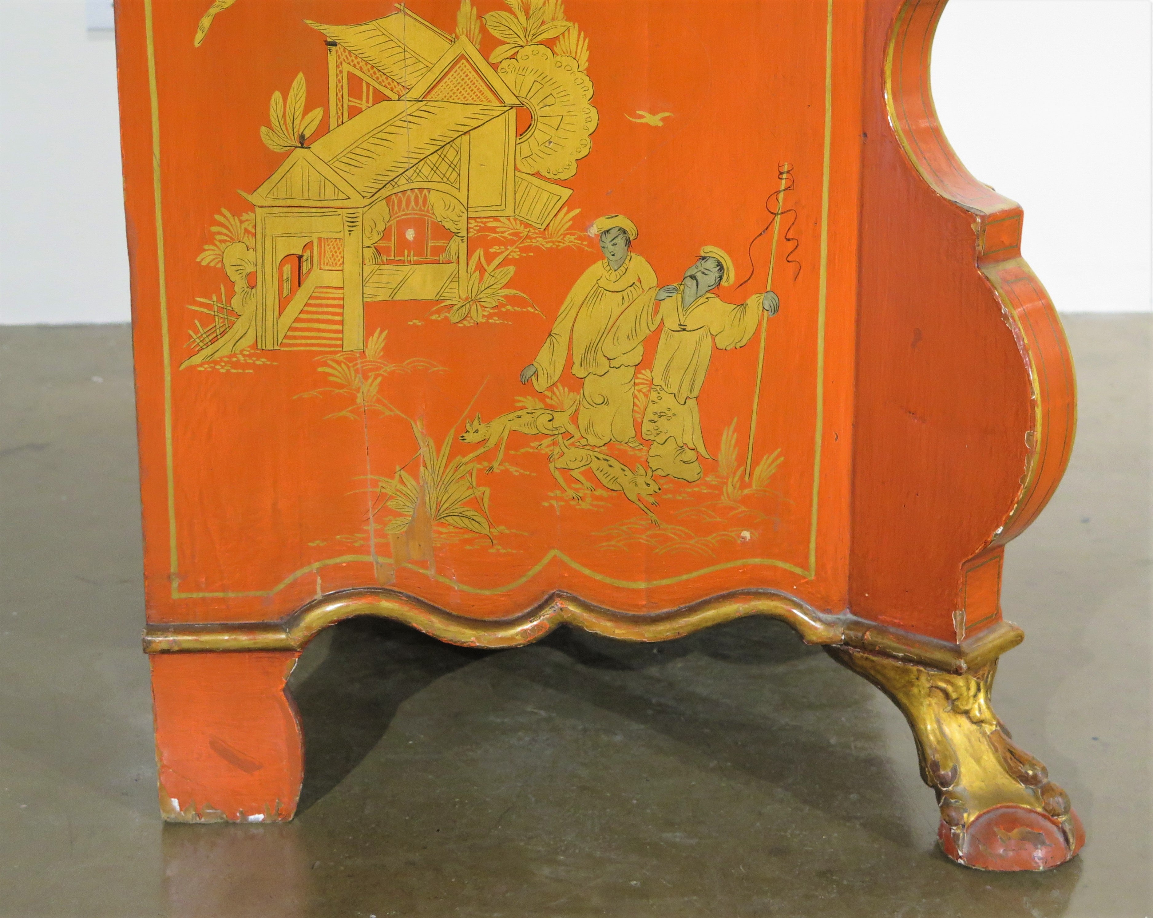 Queen Anne-Style Chinese Red Chinoiserie Desk and Bookcase