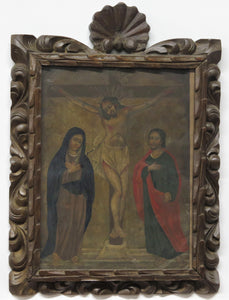 Spanish Colonial Retablo "The Crucifixion" with the Virgin Mary and Saint John