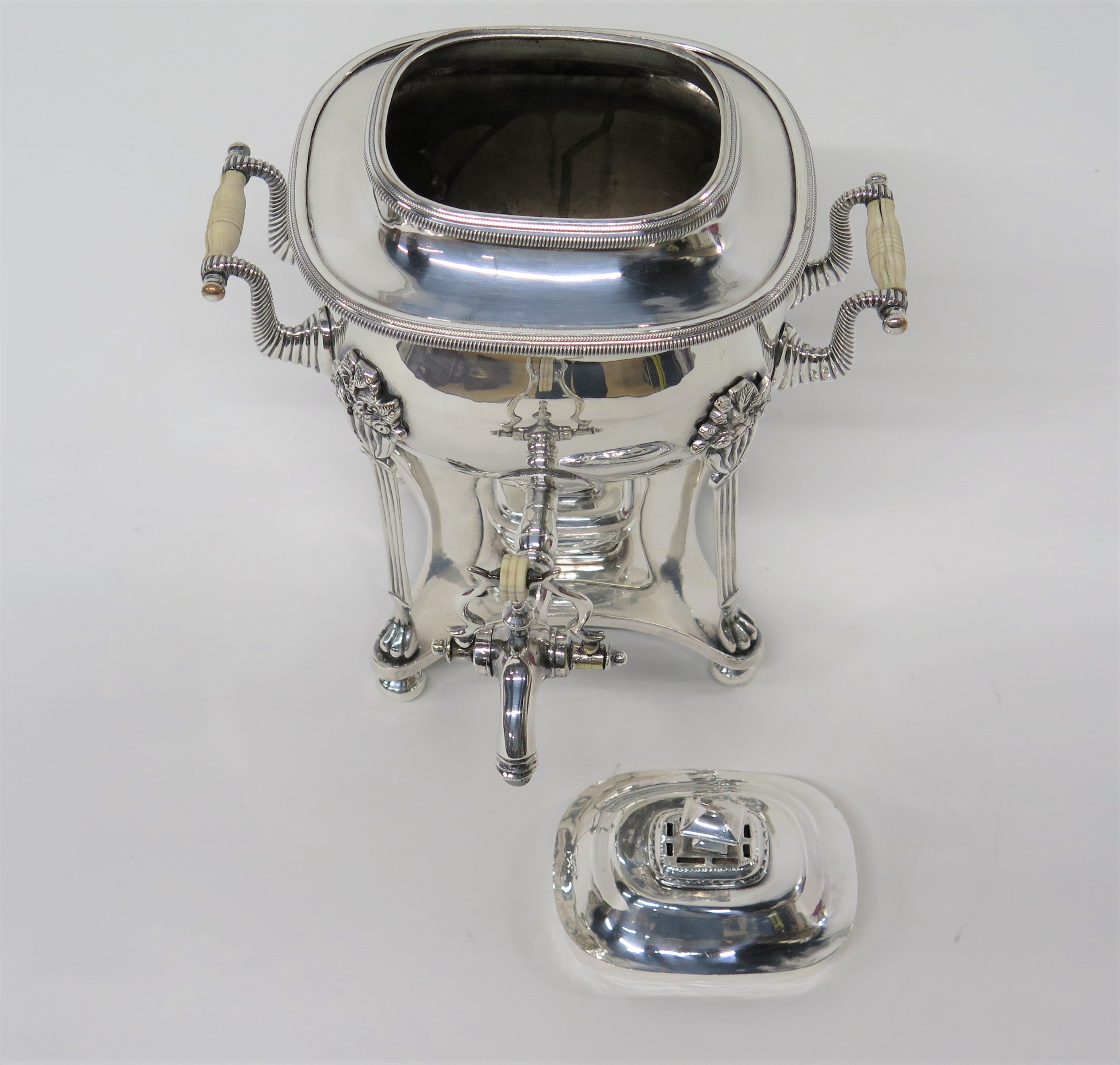 English Early 19th Century Silver Plated Square Body Coffee Urn on Raised Base Over Warmer