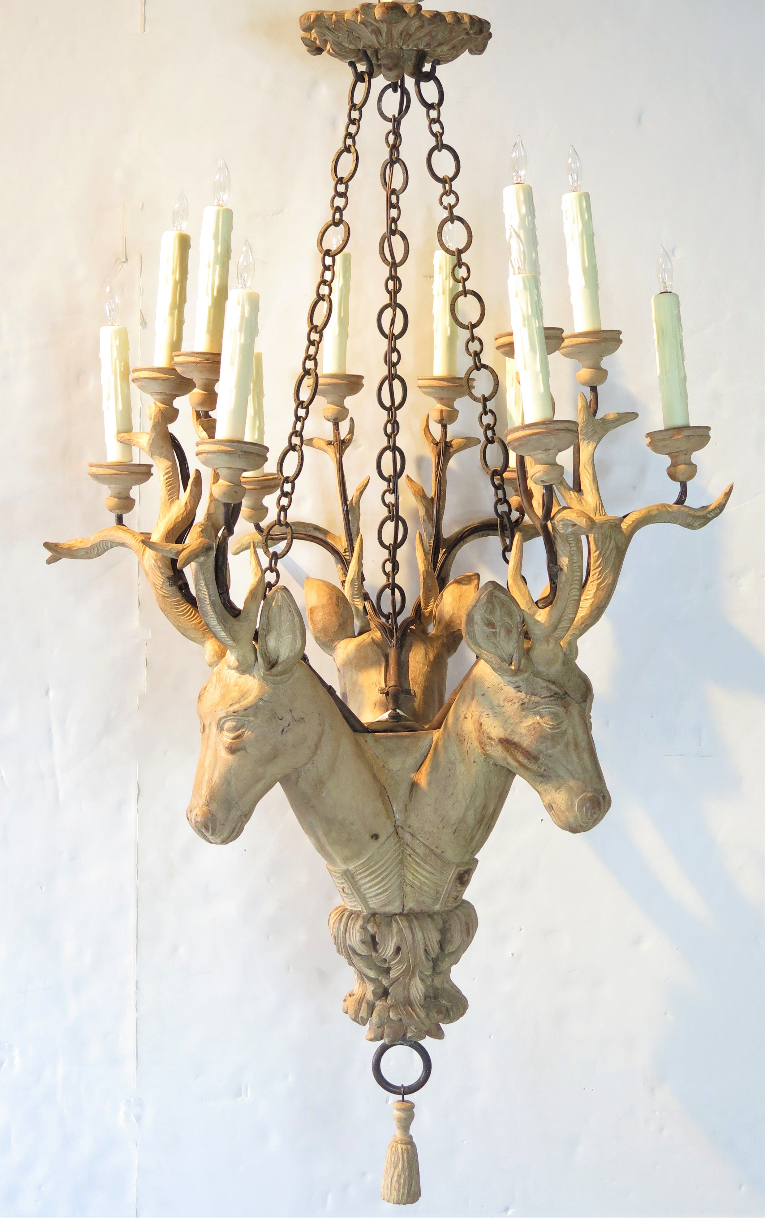 Carved Wooden Stag's Head Chandelier