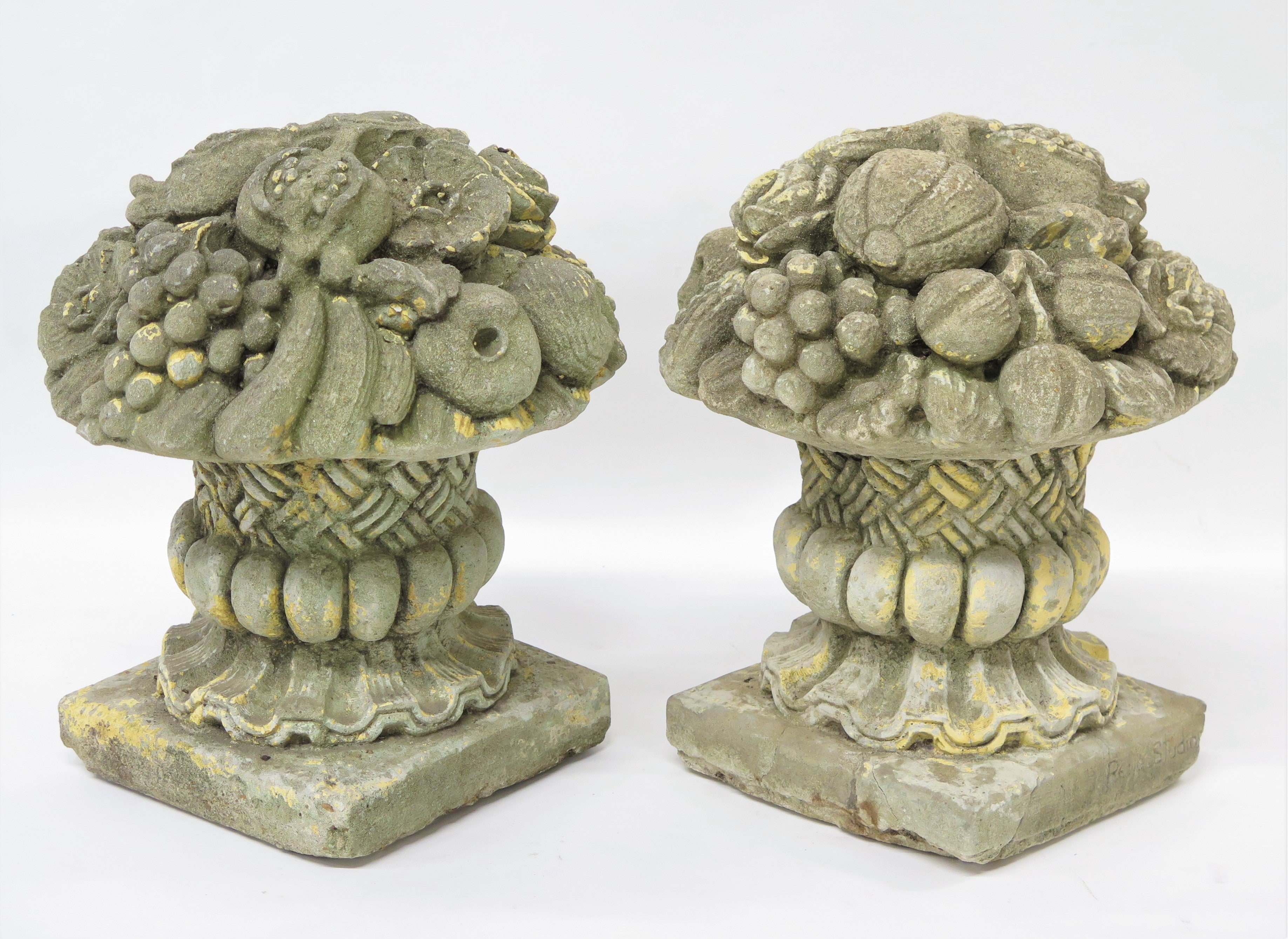 Two Cast Concrete Fruit / Flower Basket Garden Ornaments