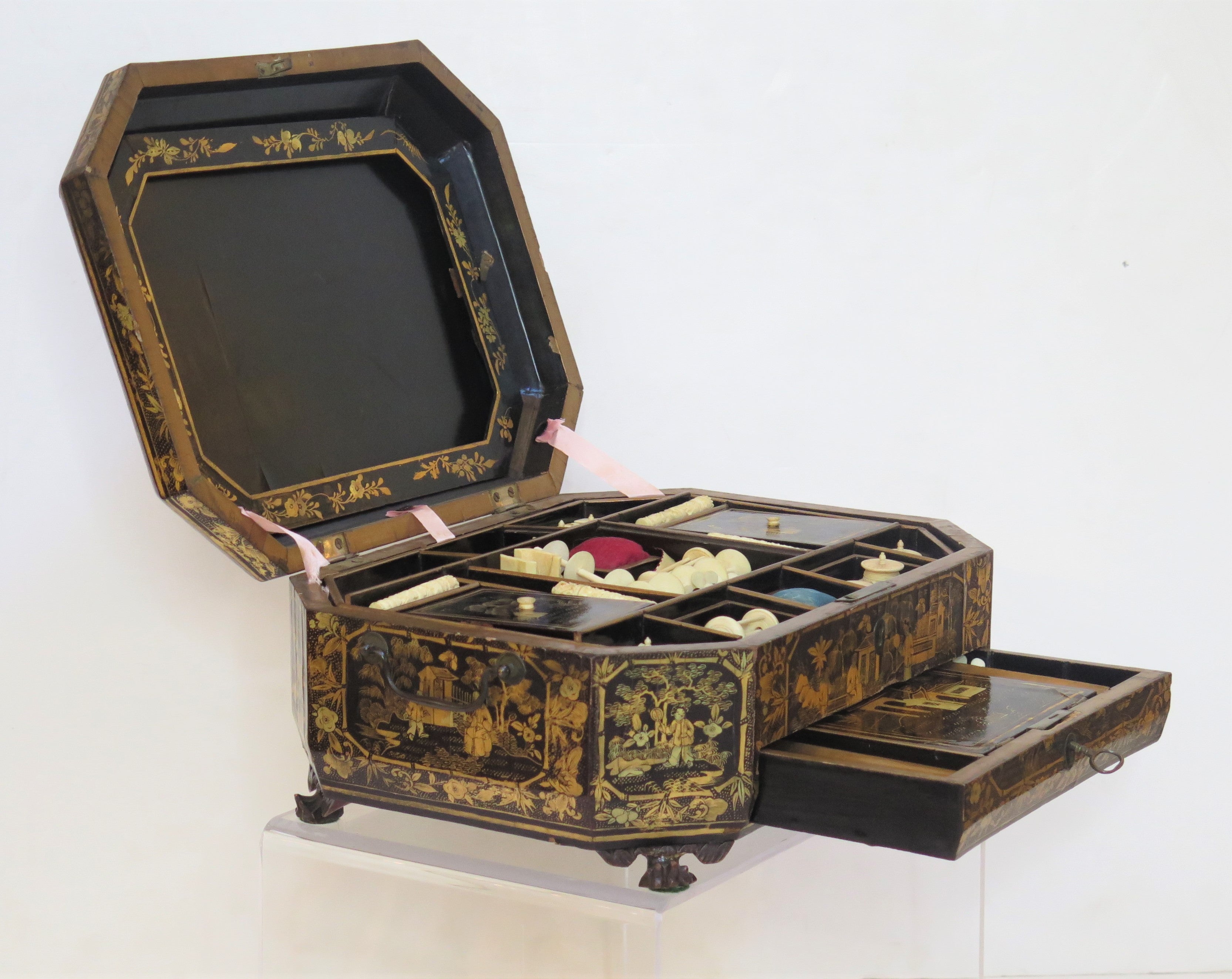 Lot - Pair Chinese Export Lacquerware Sewing Boxes (2pcs)