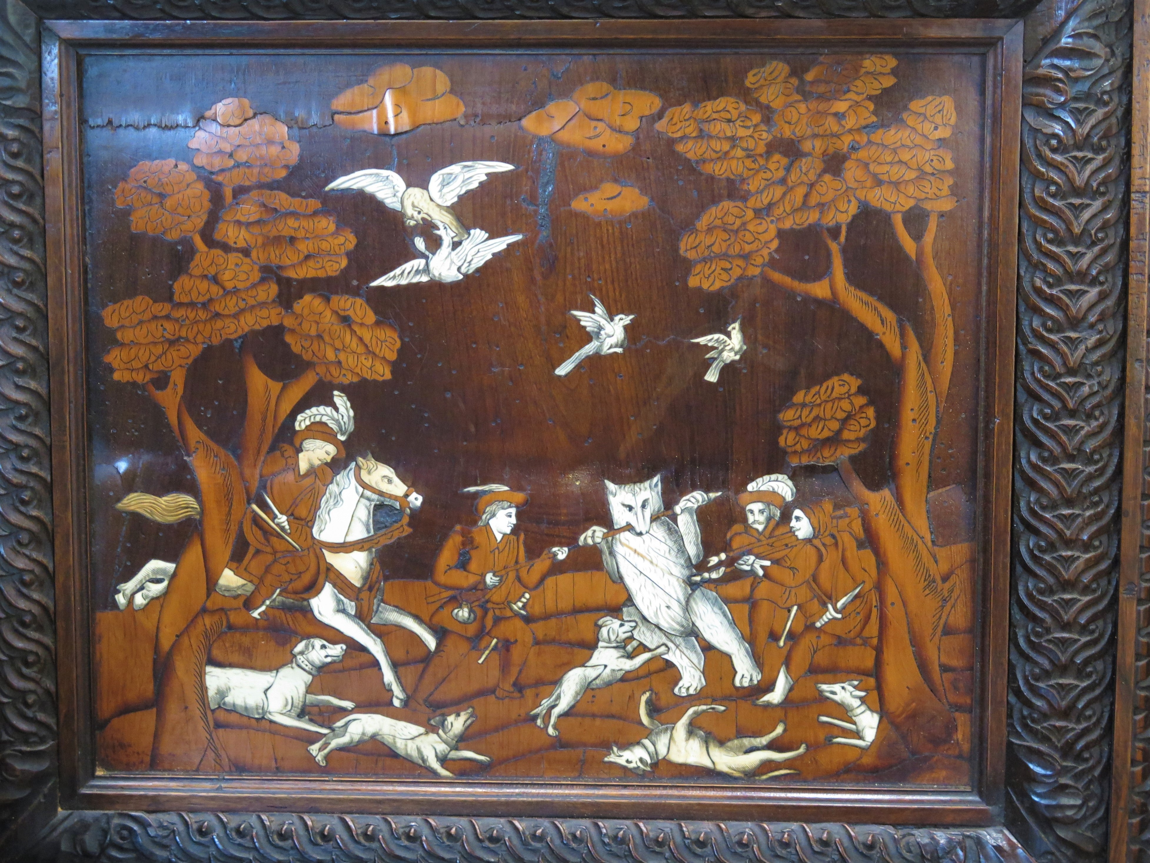 Hunting Renaissance Scene Italian Renaissance-Style Hall Bench with Marquetry Hunting Scenes ...