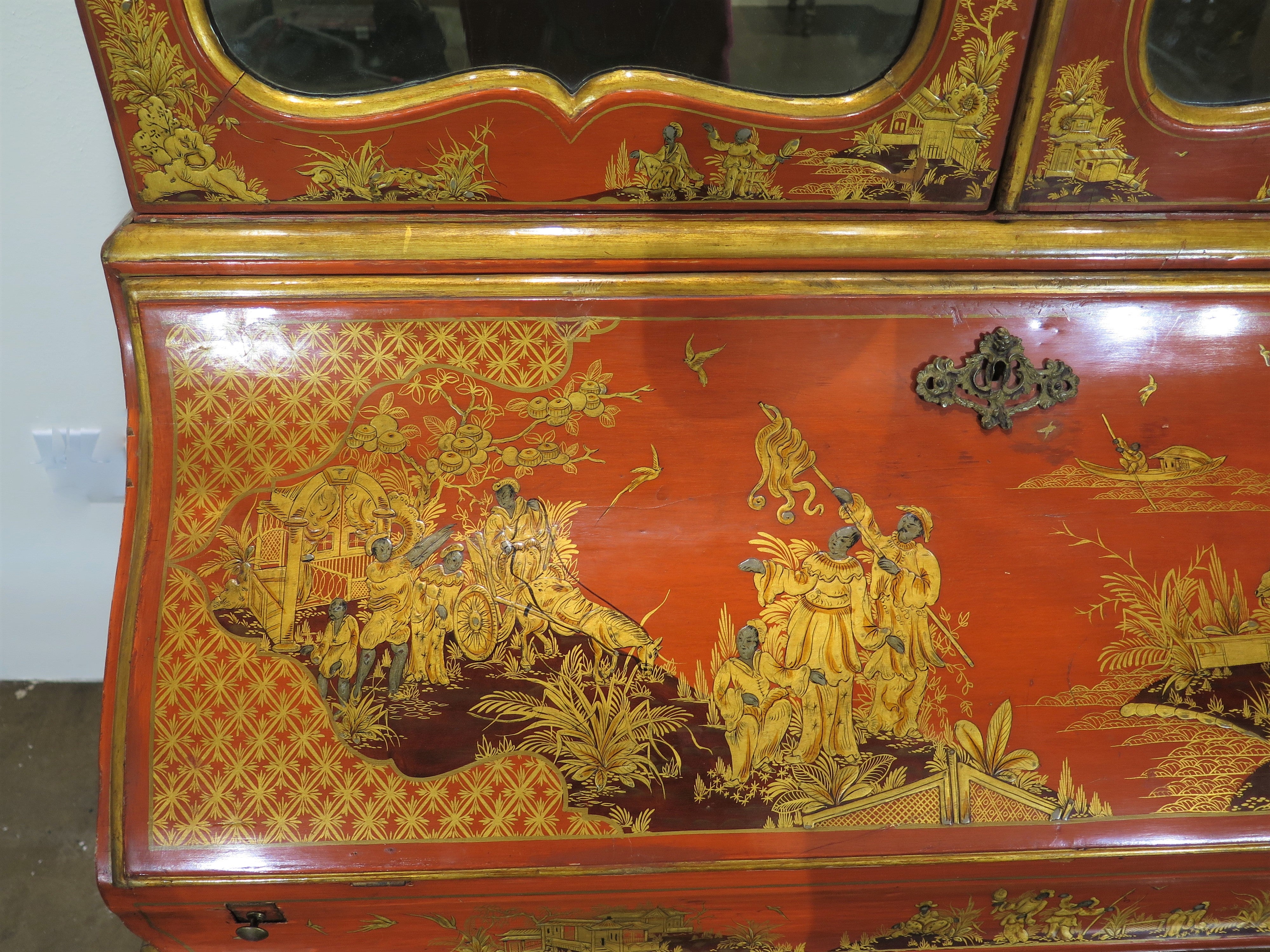 Queen Anne-Style Chinese Red Chinoiserie Desk and Bookcase