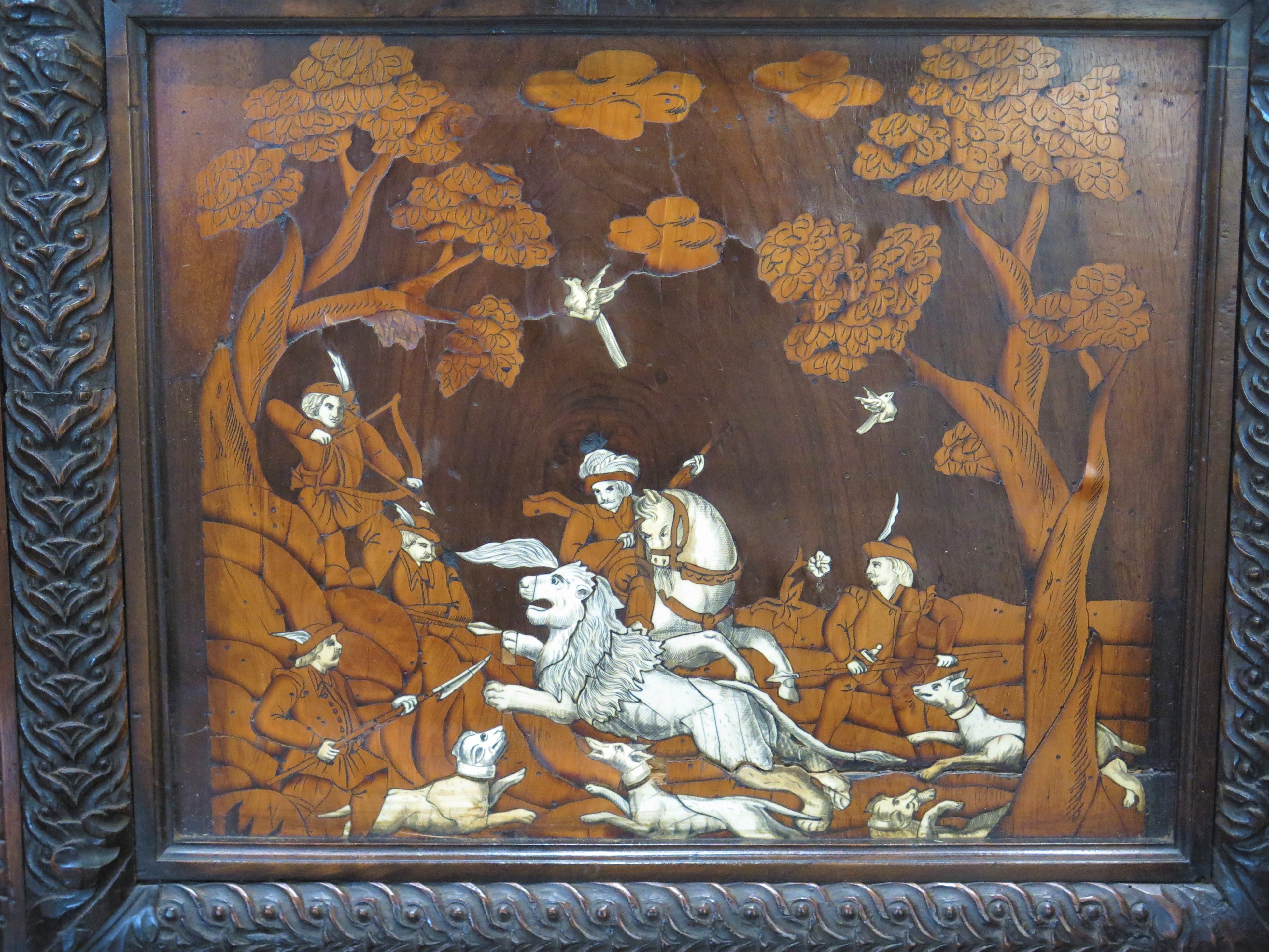 Hunting Renaissance Scene Italian Renaissance-Style Hall Bench with Marquetry Hunting Scenes ...