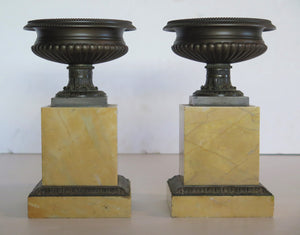 A Pair of Grand Tour Bronze Tazzas on Sienna Marble Plinths  C. 1820, Italy