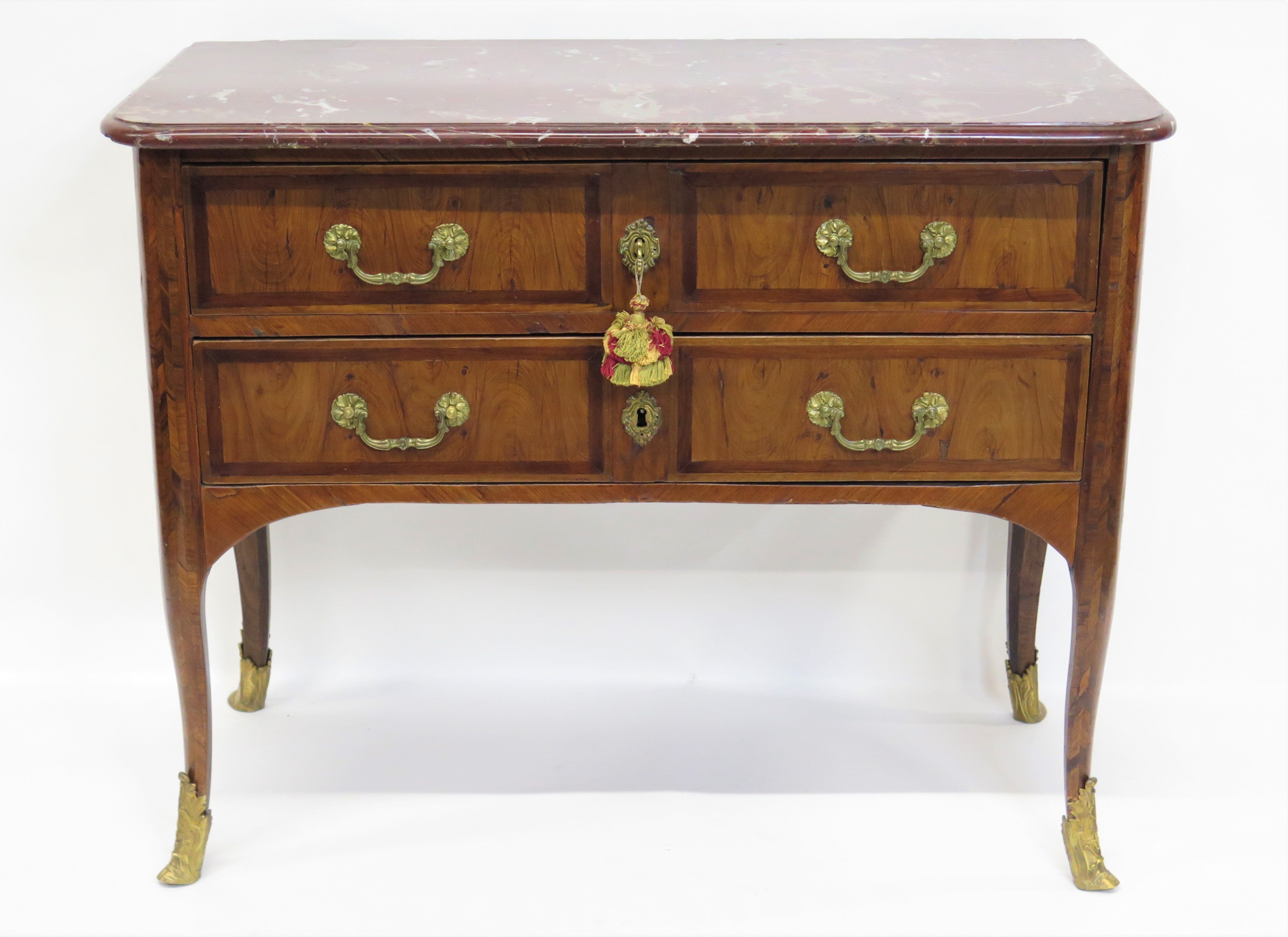 Louis XV 2-Drawer Commode with Marquetry Decoration Reddish Marble Top Having Grey and Tan Veining