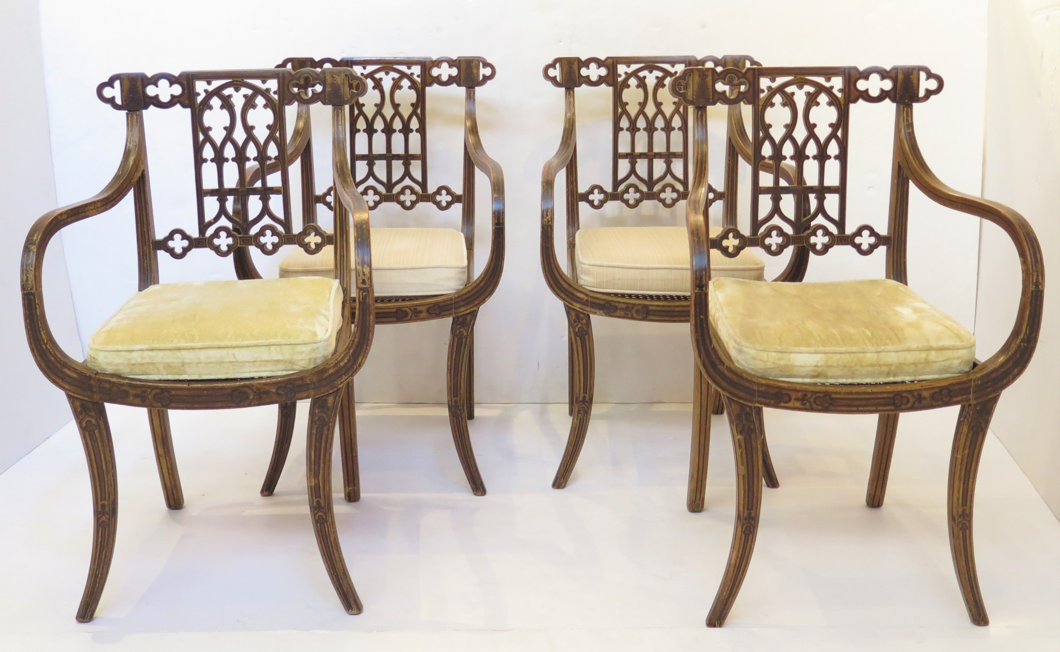 Set of Four (4) Regency Faux-Painted Arm Chairs in the Gothic Taste