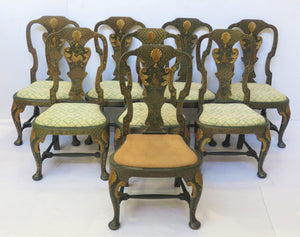 Group of Eight (8) Queen Anne-Style Side Chairs with Green Chinoiserie Decoration