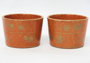 Getty Collection / Pair of Chinese Iron-Red and Gilt ''Faux Bois'' Jardineres