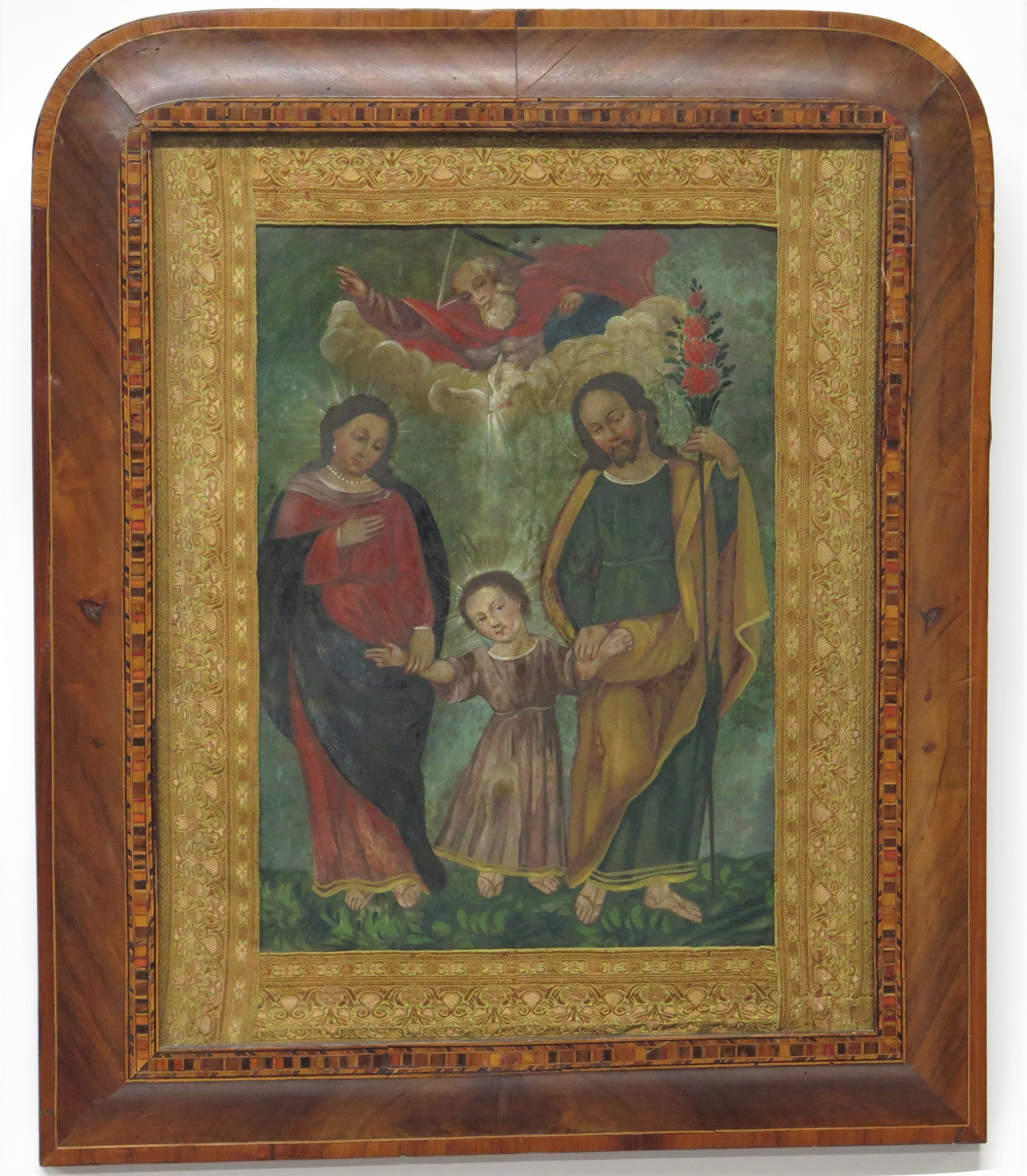 Spanish Colonial / Mexican "Holy Family' Oil on Tin Retablo