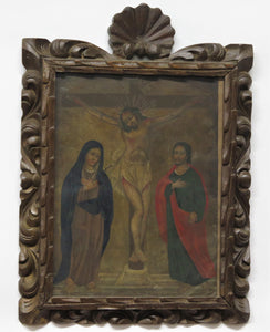 Spanish Colonial Retablo "The Crucifixion" with the Virgin Mary and Saint John