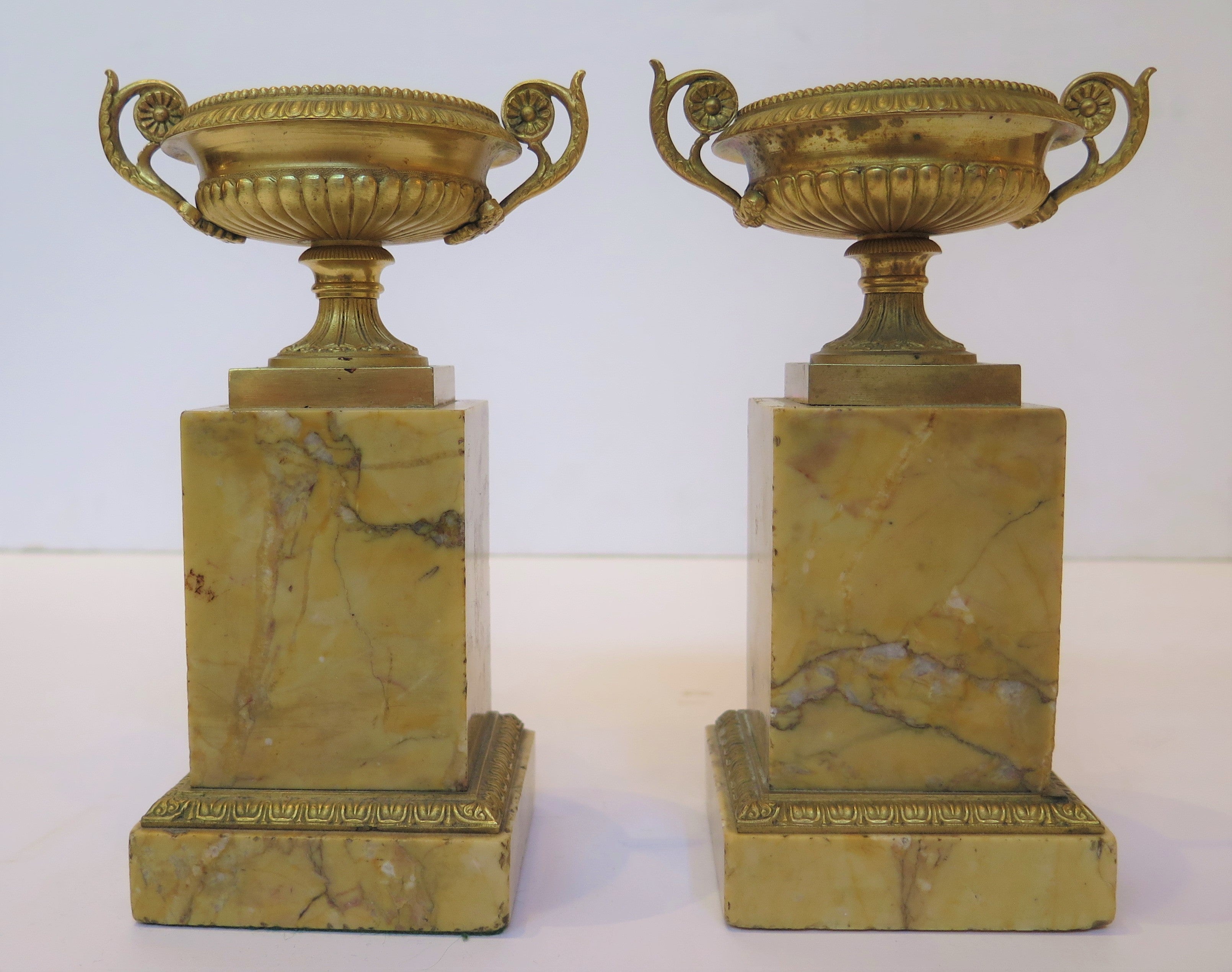 Grand Tour Souvenir Gilt Bronze Tazzas on Sienna Marble Bases