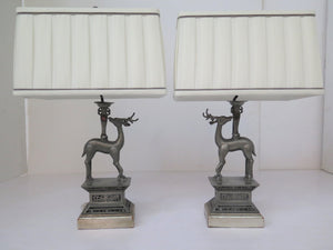Pair of Pewter Chinese Deer Lamps with Custom Shades Circa 1920s