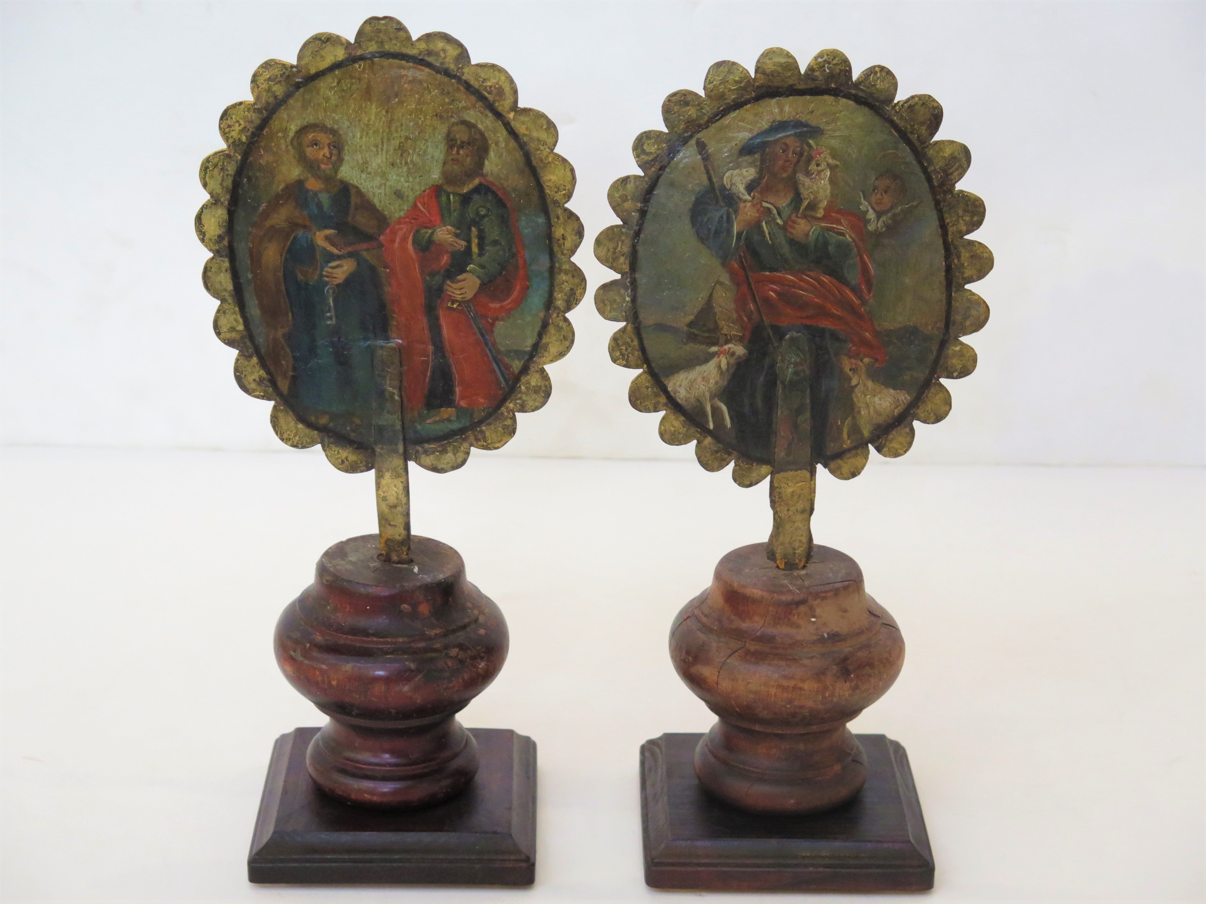 Pair of Religious Plaques of Painted Metal on Wooden Stands Jesus the Good Shepherd and St. Peter and St. Pual