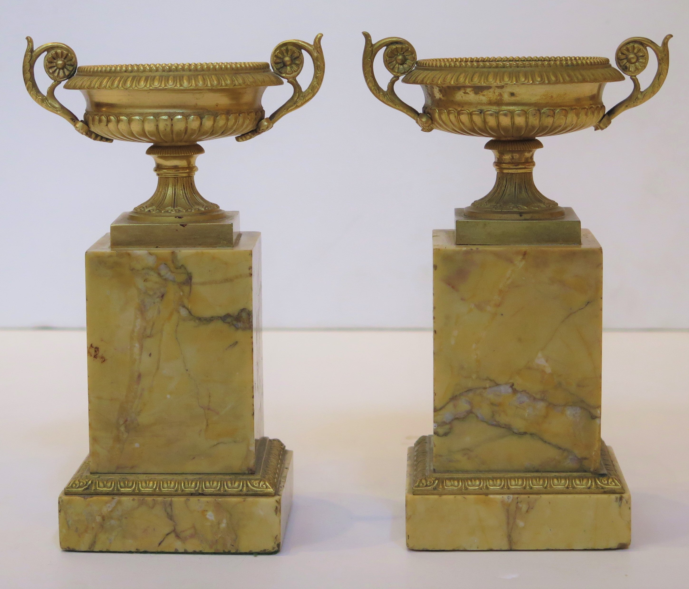 Grand Tour Souvenir Gilt Bronze Tazzas on Sienna Marble Bases