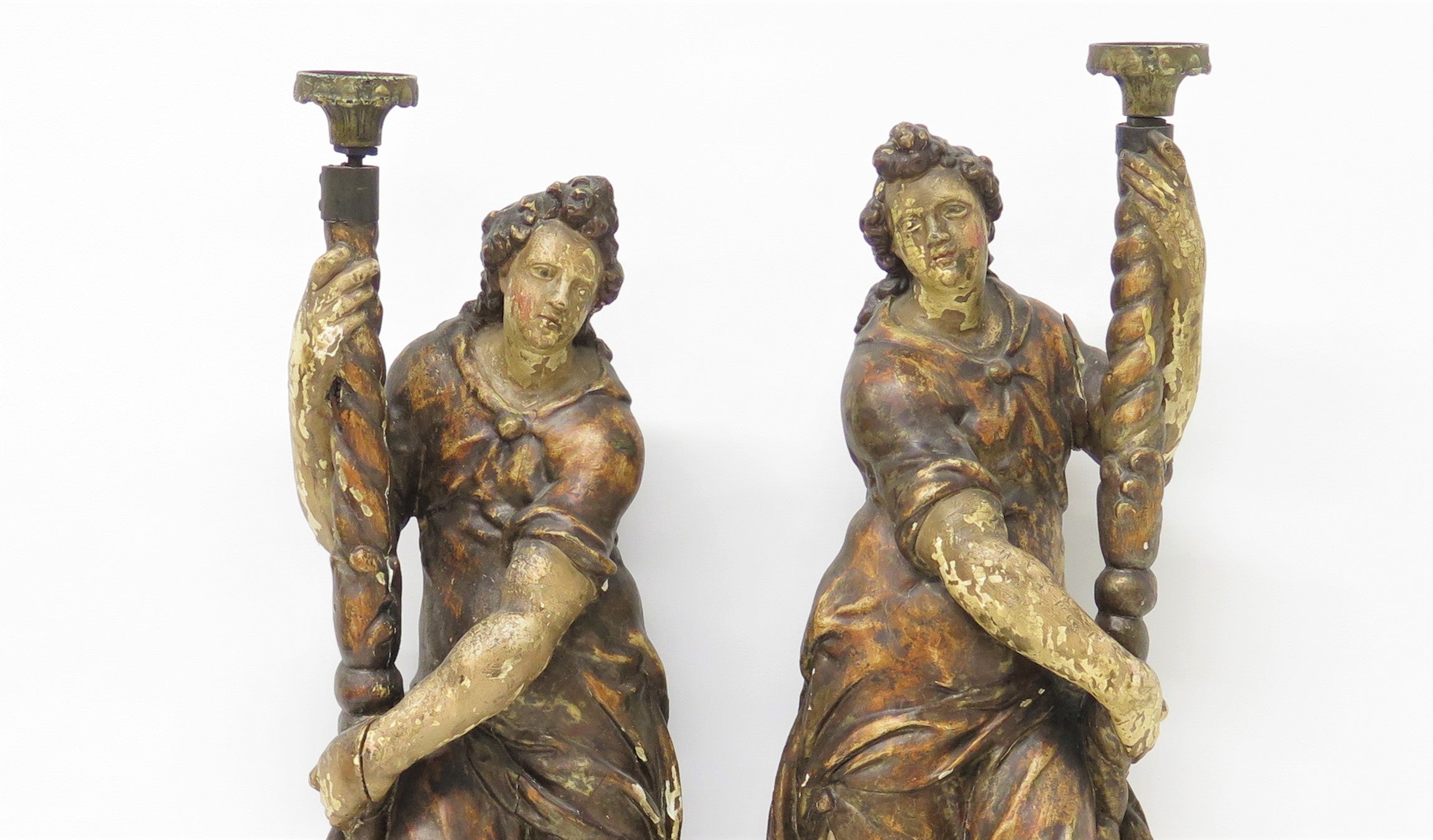 Pair of Large Scale Italian Figural Candlesticks, Polychromed and Gilded