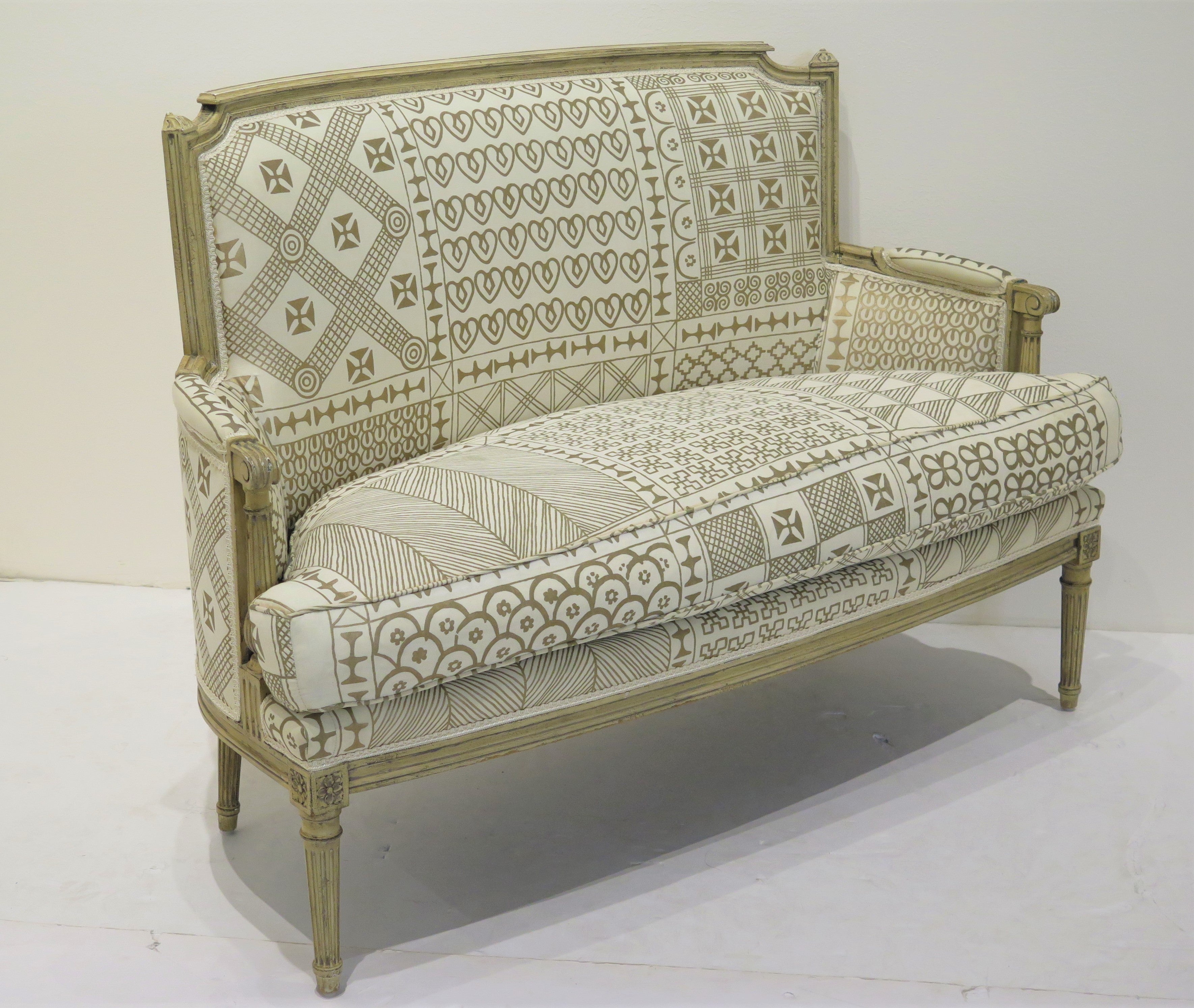 Louis XVI Style Painted Settee in Fortuny "Ashanti" Upholstery