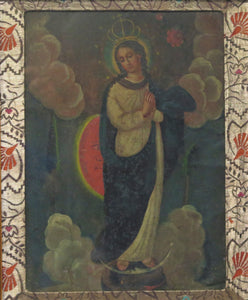 Mexican Retablo, Depicting La Purisima Concepcion (The Immaculate Conception), Circa 19th Century Oil on Tin