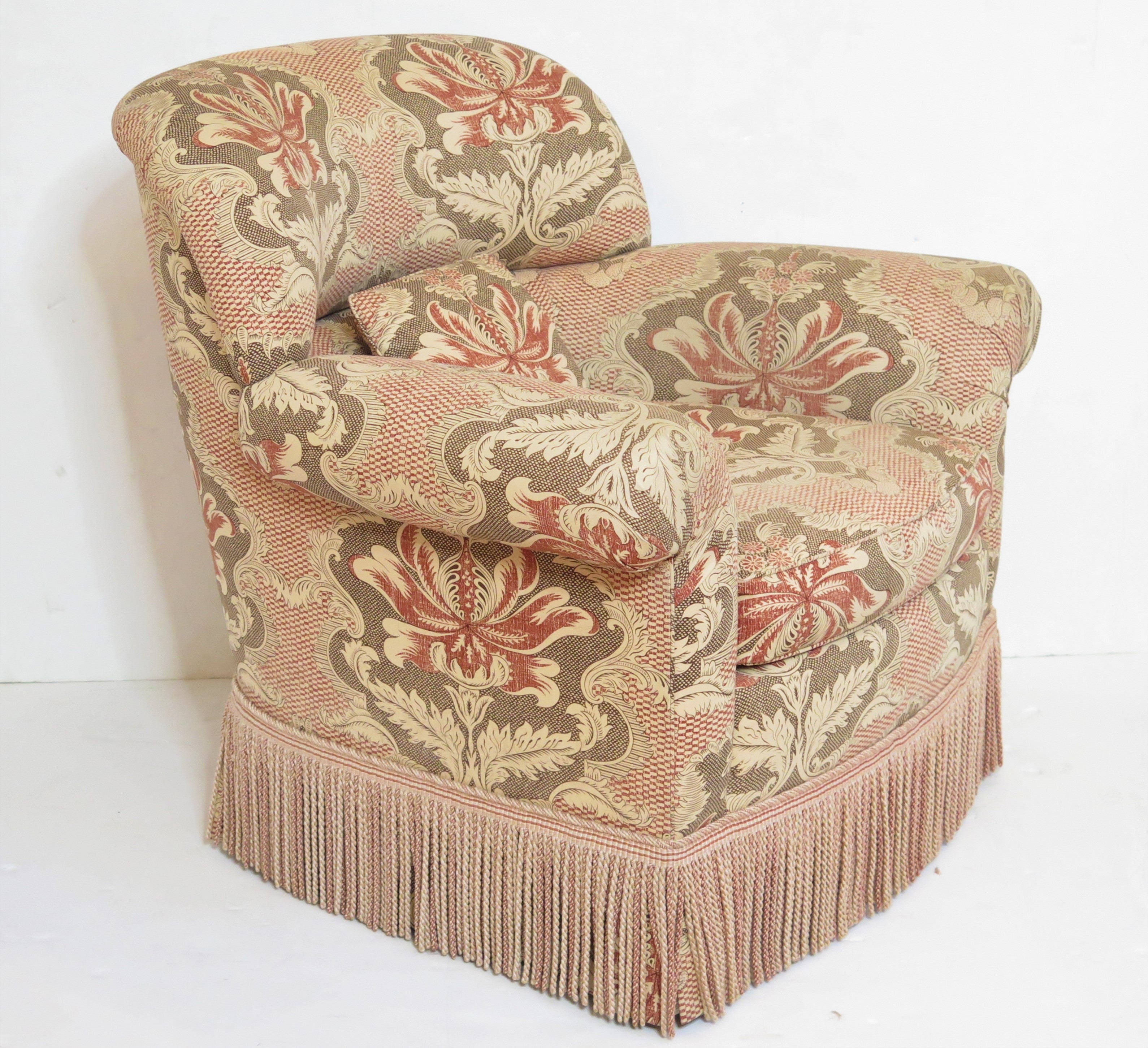 English Lounge Chair with Rolled Arms and Bullion Fringe