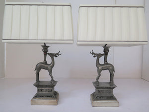 A Pair Of Pewter Chinese Deer Lamps With Custom Shades Circa 1920's