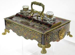 French Red Tortoise and Boulle Double Inkwell / Desk Set