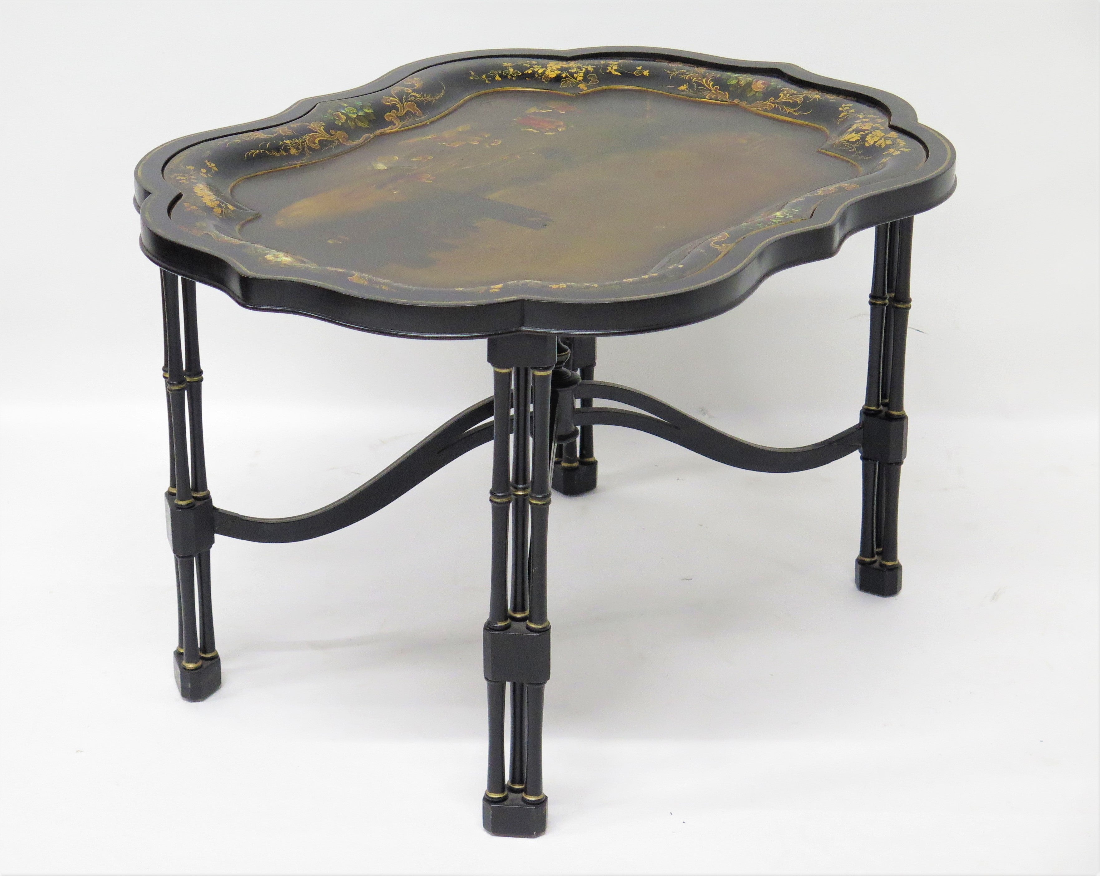 English Hand-Painted and Gilded Papier-mâché Tray on Custom Stand