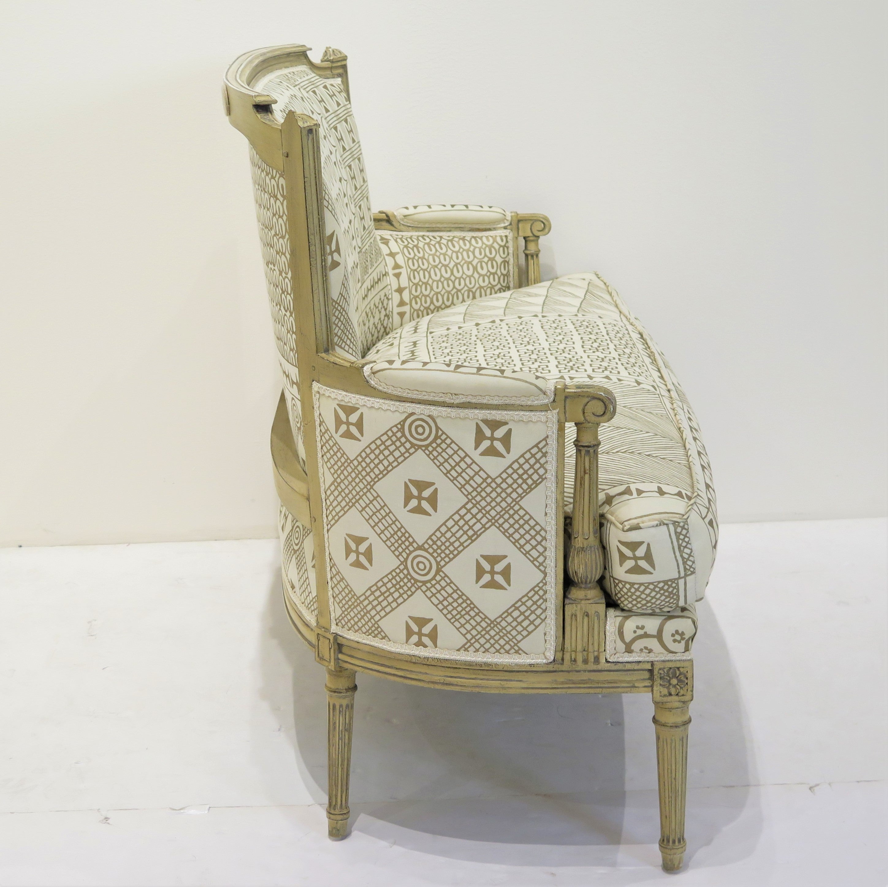 Louis XVI Style Painted Settee in Fortuny "Ashanti" Upholstery