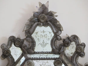 Venetian Etched Glass Mirror with Mouth-Blown Glass Flowers and Leaves